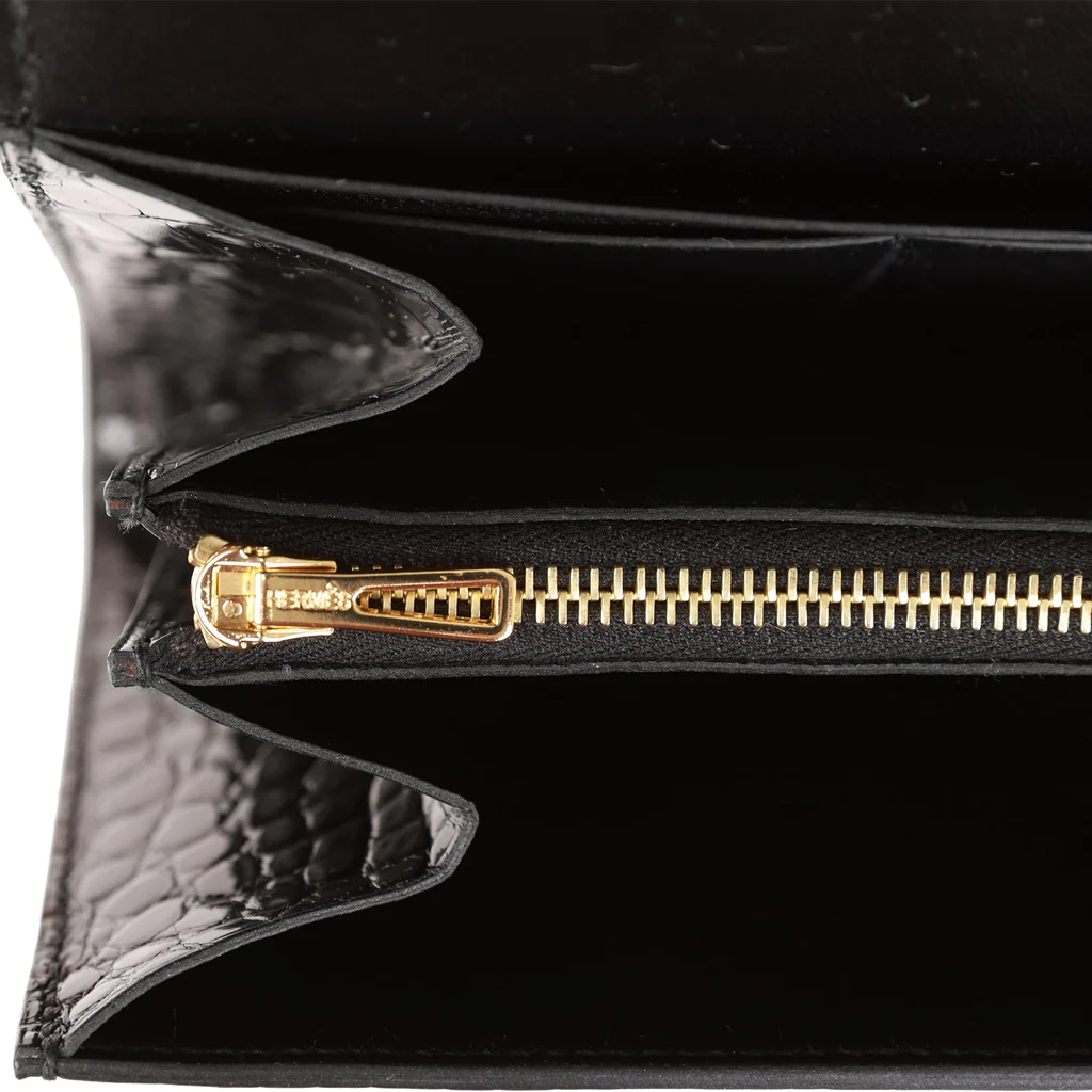HE&&ME Constance Compact Wallet Black Shiny Alligator Rose Gold Hardware