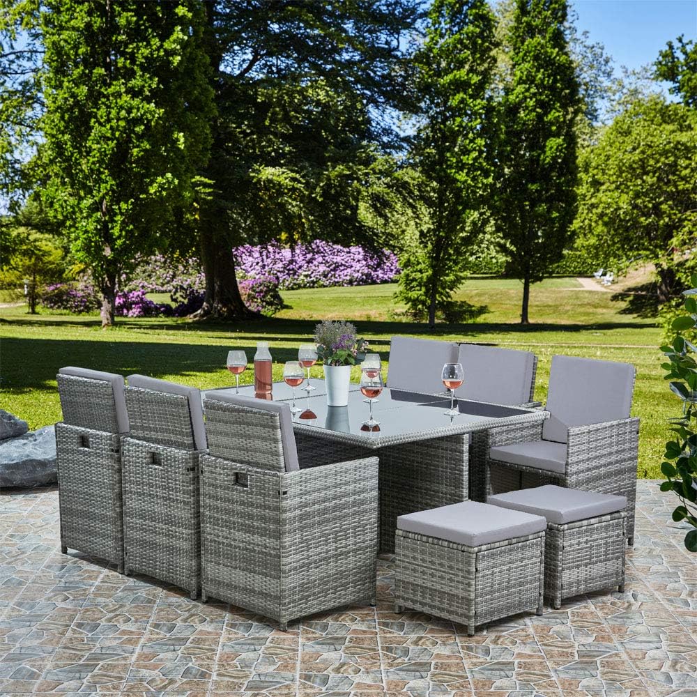 RayGar Deluxe 11 Piece 10 Seater Rattan Cube Dining Table Garden Furniture Patio Set (Grey/Black)