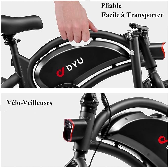 DYU Folding Electric Bike, 14 inch Portable E-bike, Smart Electric Bicycle with Pedal Assist, 3 Riding Modes City EBike with Battery Indicator, Height Adjustable, Compact Portable, Unisex Adult