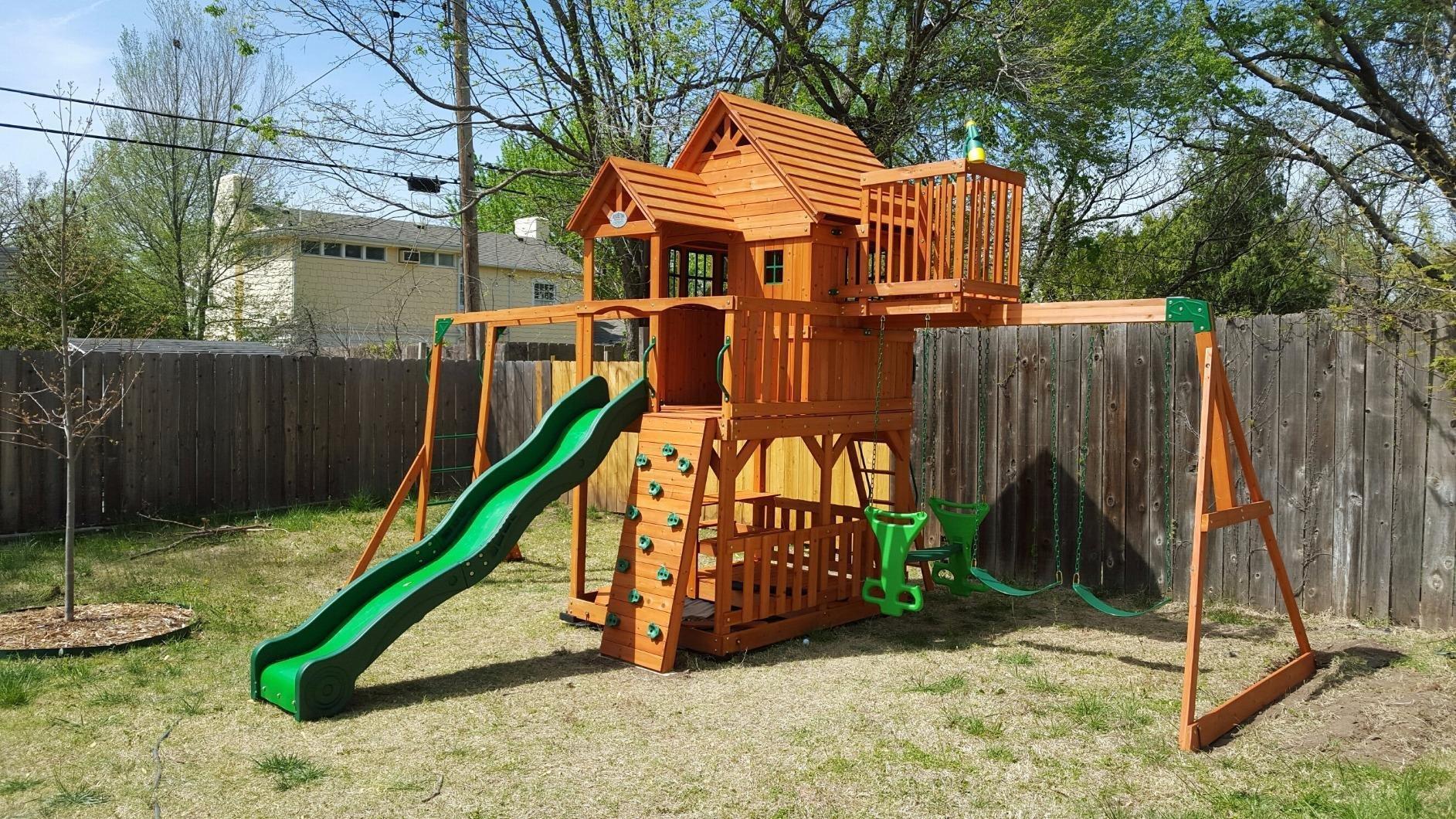 【Baby&Kids】Skyfort II Playground Cedar Wood Swing Set with Playhouse Fort, Sandbox, Picnic Table, Slide