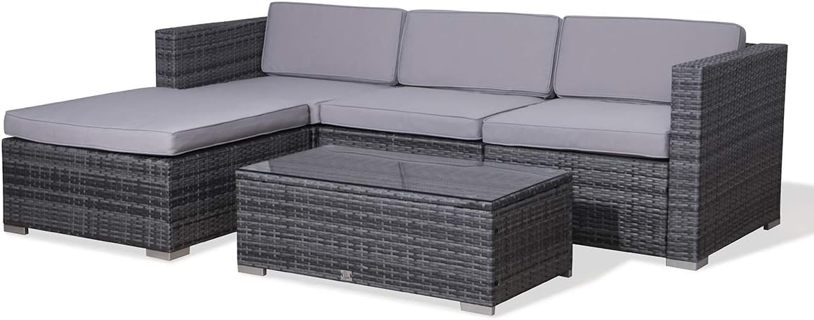 EVRE California Grey Outdoor Rattan Garden Furniture Conversation Set with Handwoven PE Wicker Sectional Sofa Glass Top Table Cushions for Patio Deck Conservatory