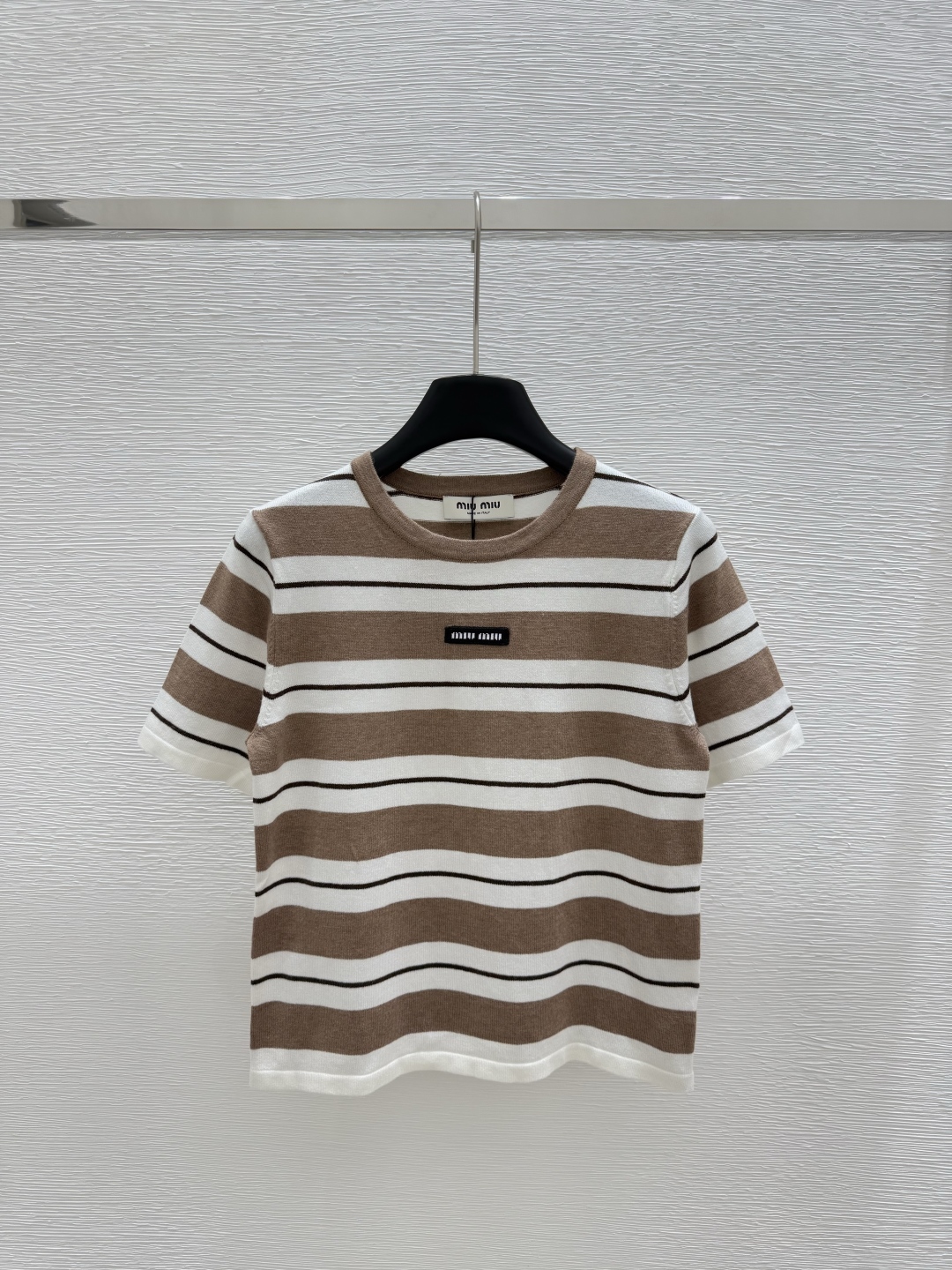 MIUMIU 2025ss Early spring new round neck contrasting color striped knitted short sleeve