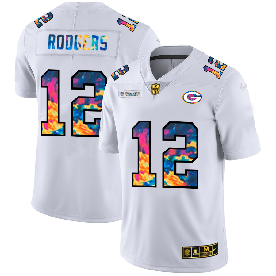 Green Bay Packers No12 Aaron Rodgers Men's White Nike Multi-Color 2020 Crucial Catch Limited Jersey