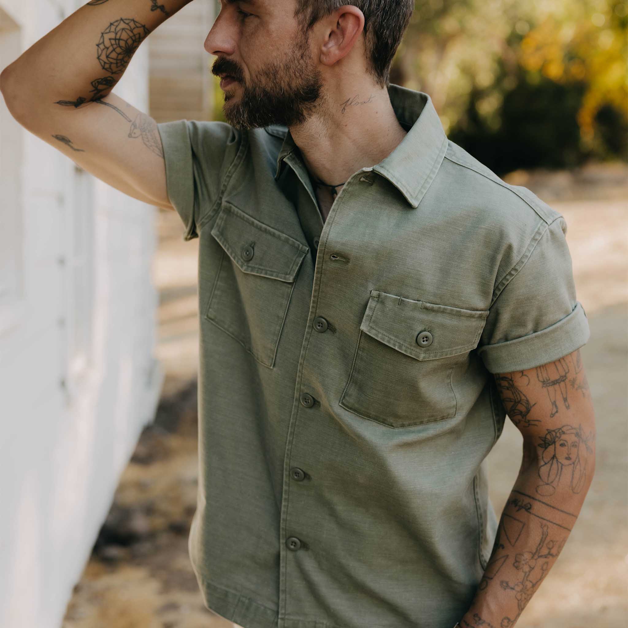 The Short Sleeve Surplus Shirt in Field Olive Reverse Sateen