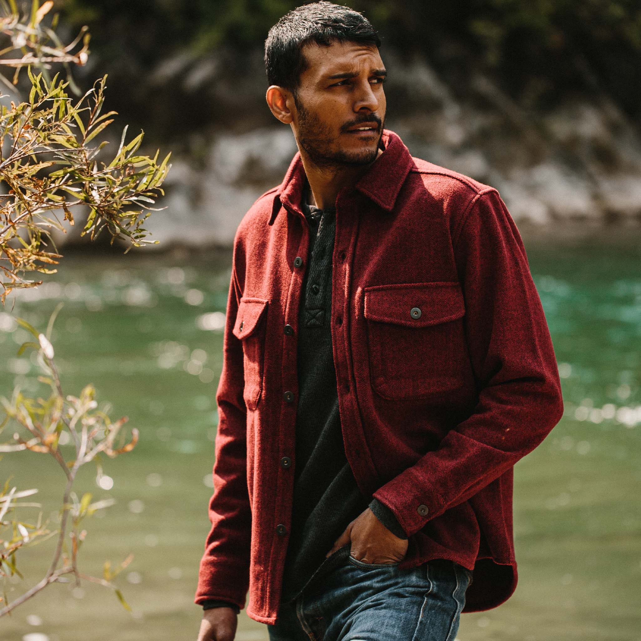 The Explorer Shirt in Burgundy Herringbone Wool