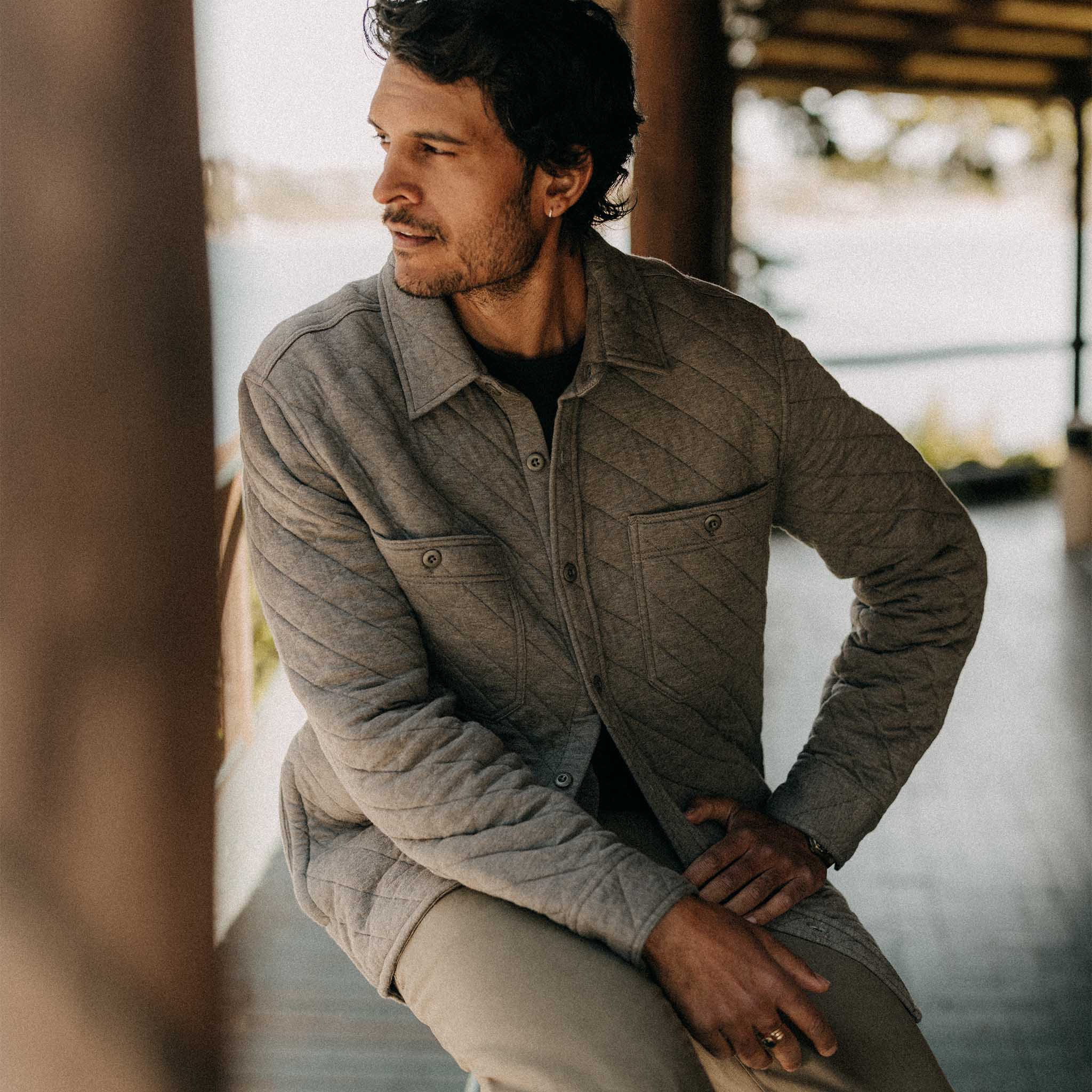 The Fall Line Overshirt in Heather Ash Quilted Jersey