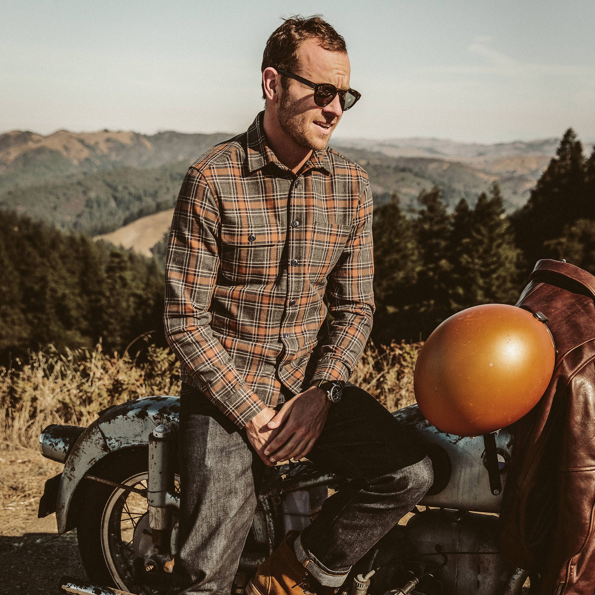 The Moto Utility Shirt in Charcoal & Rust Plaid