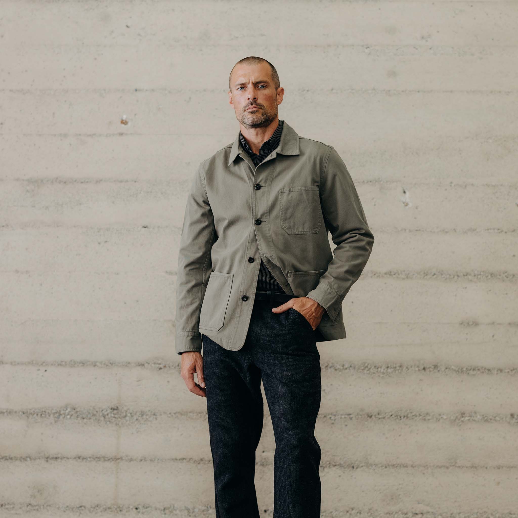 The Ojai Jacket in Organic Smoked Olive Foundation Twill