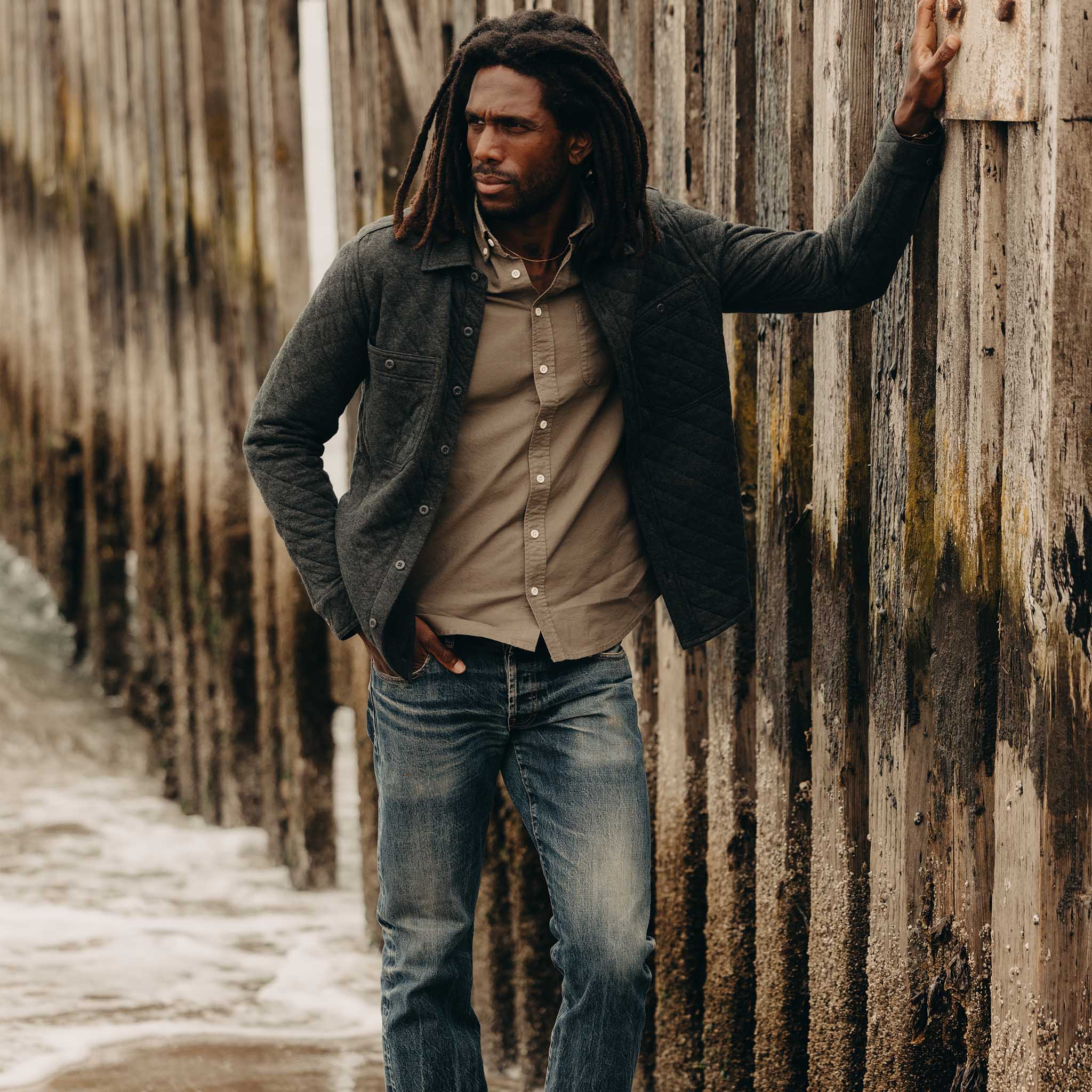 The Fall Line Overshirt in Heather Coal Quilted Jersey