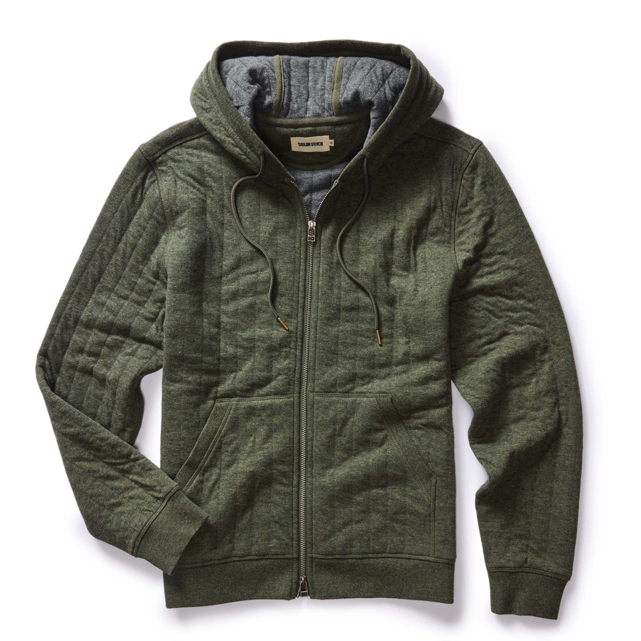 The Apres Zip Hoodie in Fatigue Olive Quilted Jersey