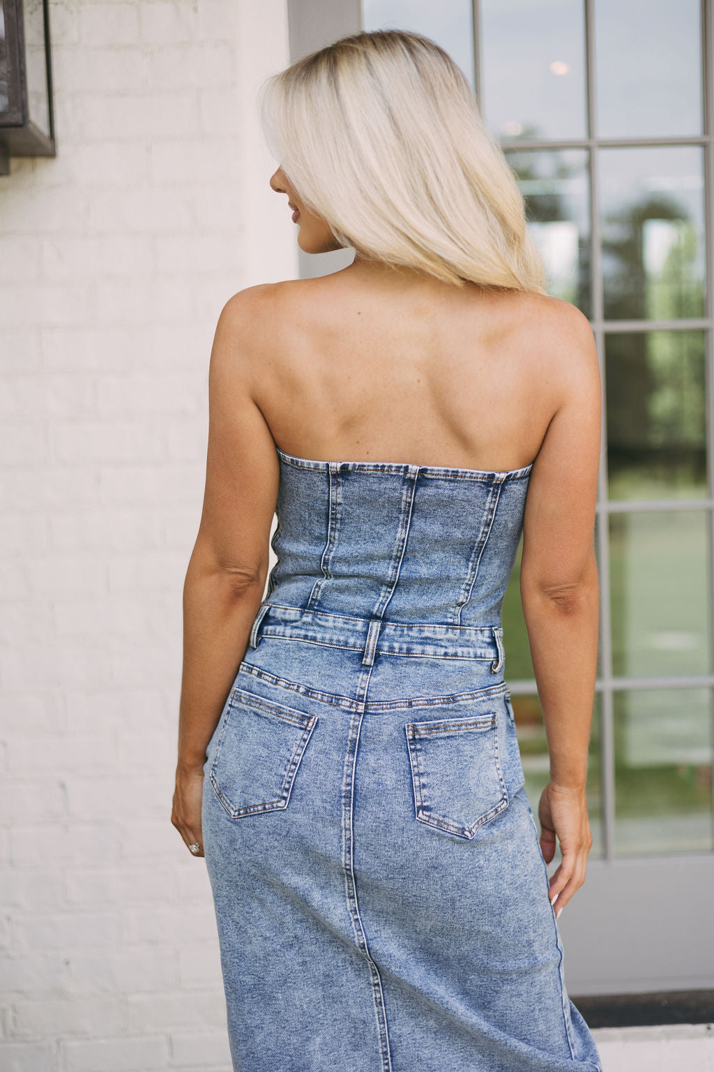 Strapless Denim Midi Dress