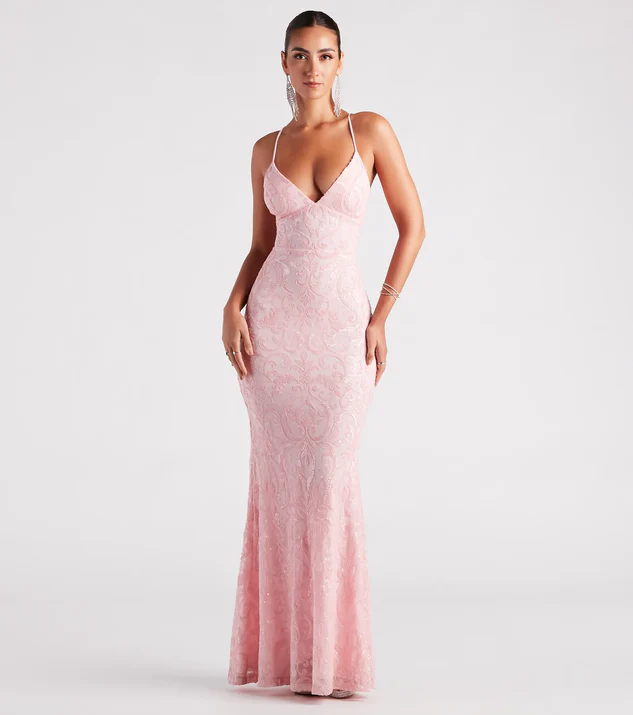 Bethanie Formal Sequin V-Neck Mermaid Pink Dress