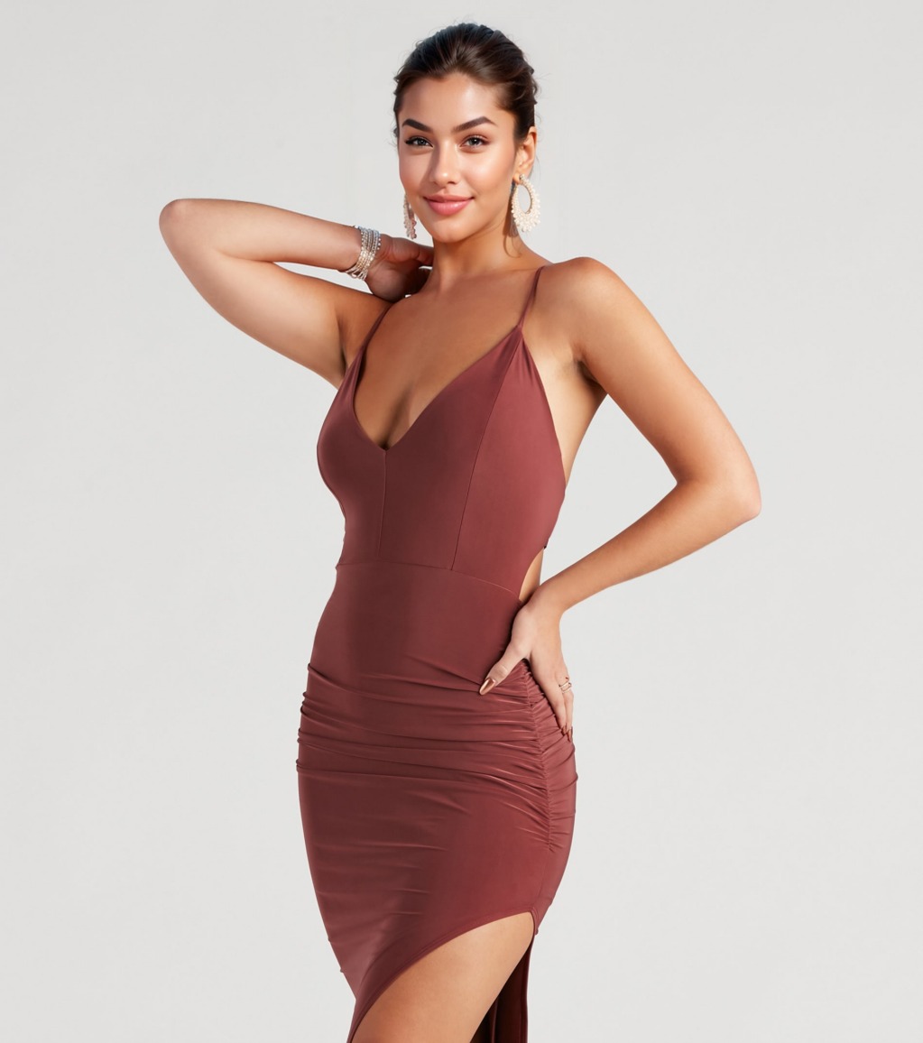 Heather Ruched High-Slit Formal Dress