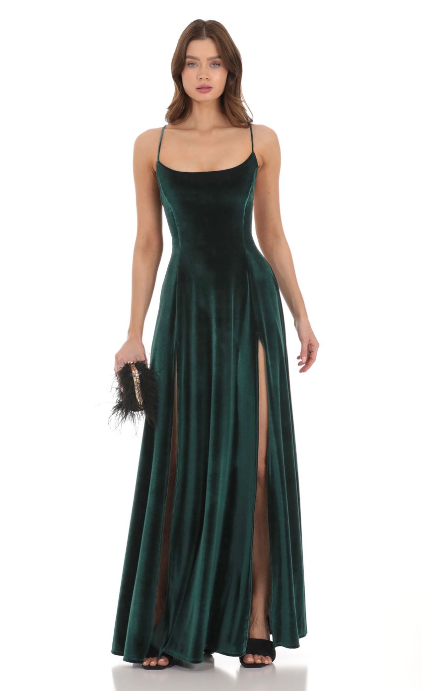 Velvet Double Slit Maxi Dress in Green