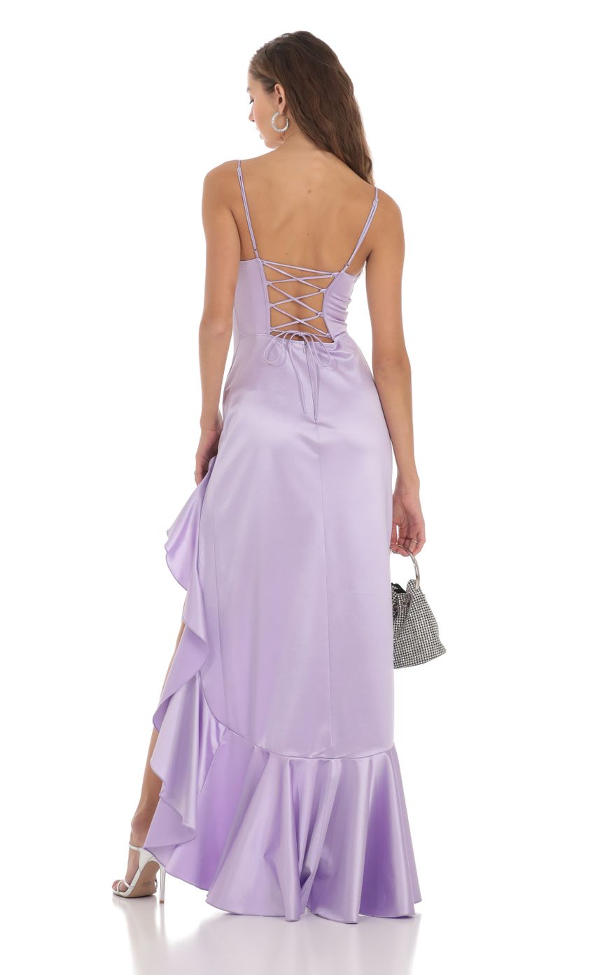 Venus Satin Ruffle Dress in Lavender