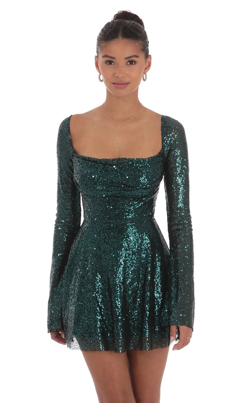 Sequin Long Sleeve Fit and Flare Dress in Green