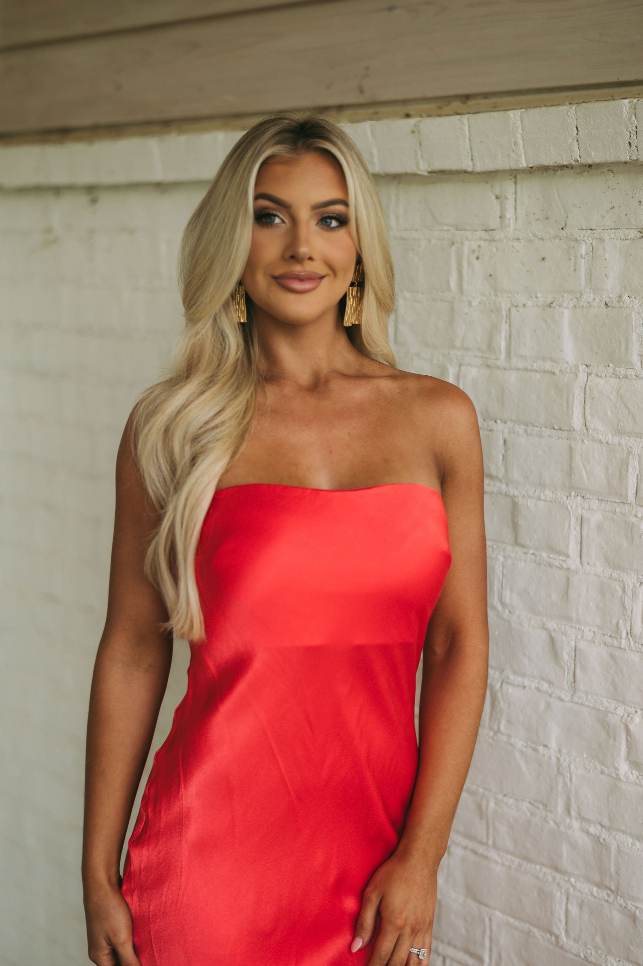 Satin Strapless Midi DressCoral Red
