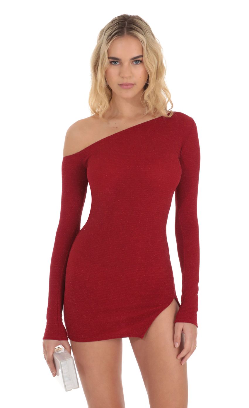 Shimmer One Off Shoulder Bodycon Dress in Red