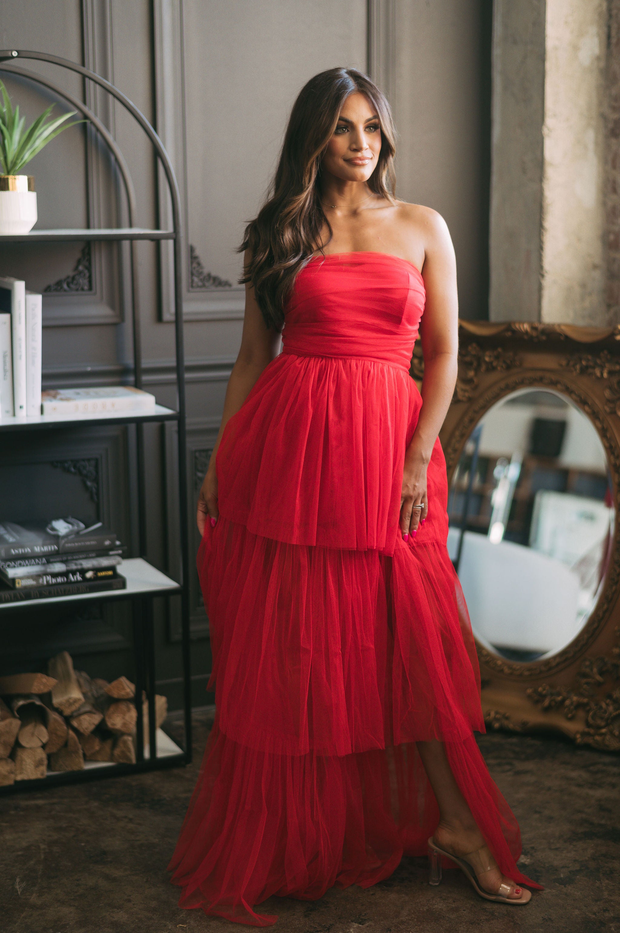 Tiered Mesh Maxi Dress-Red