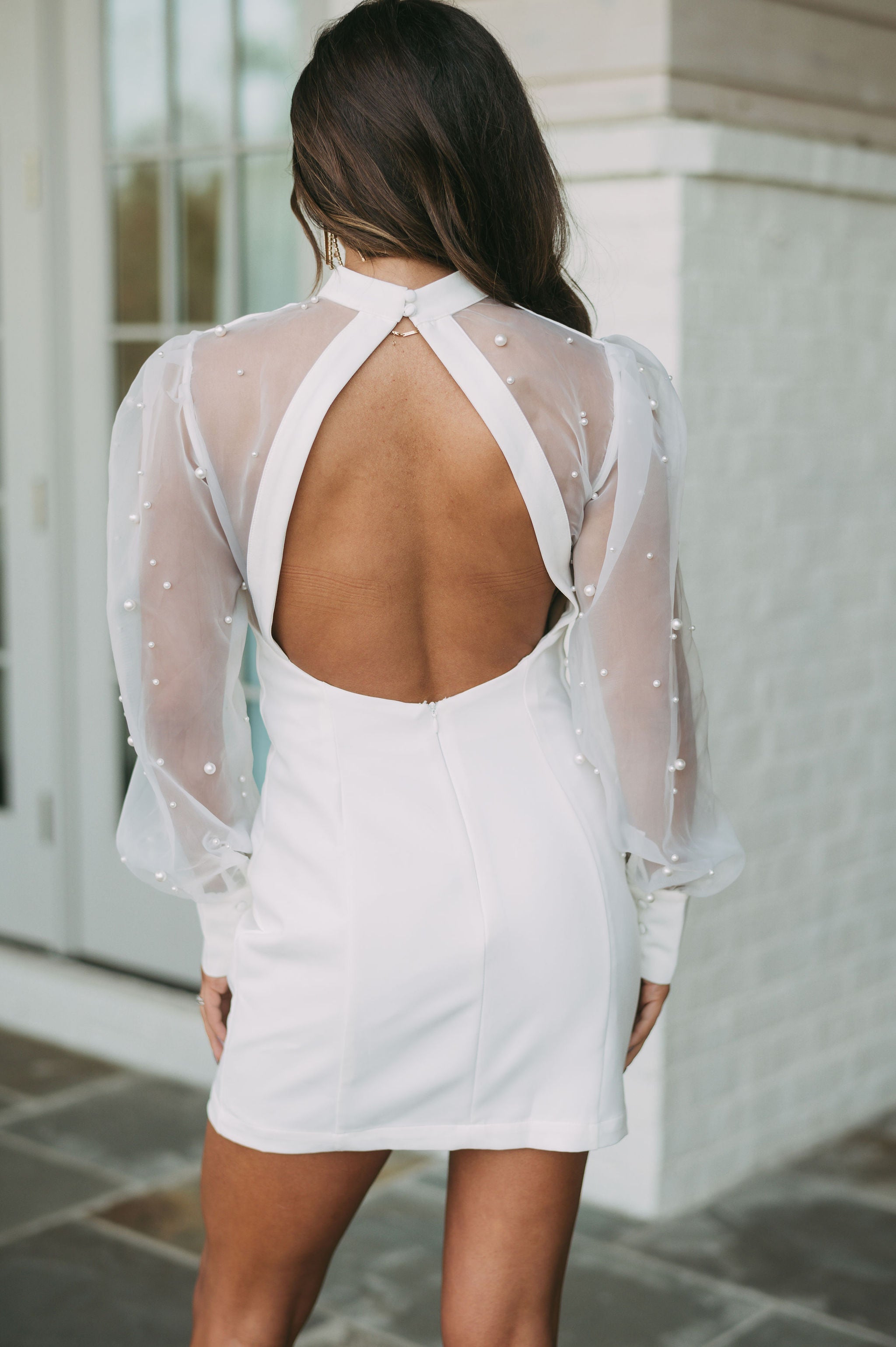 Pearl Embellished Mock Neck DressOff White