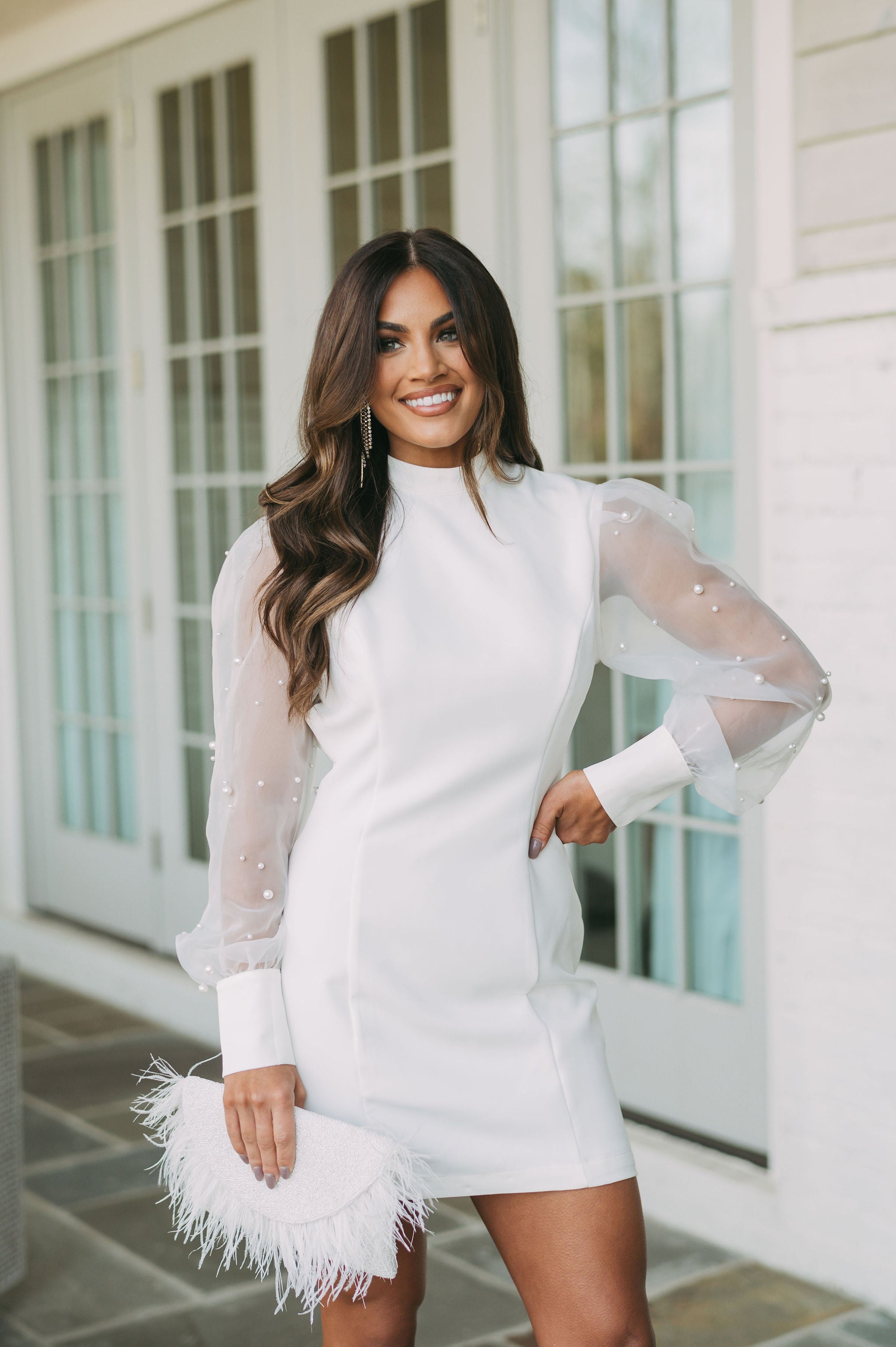 Pearl Embellished Mock Neck DressOff White