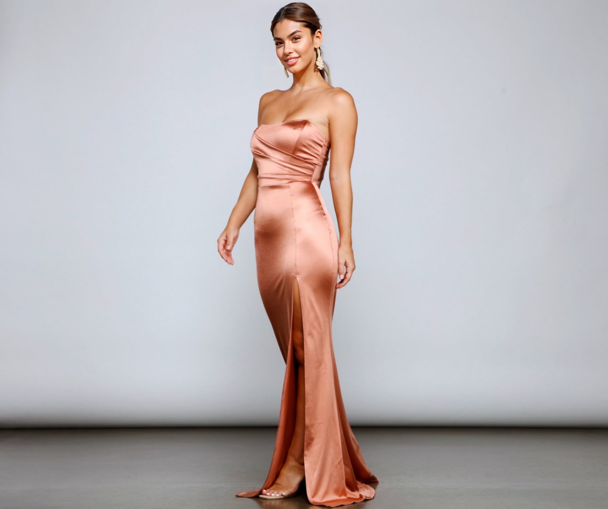 Gianna Strapless High-Slit Satin Dress