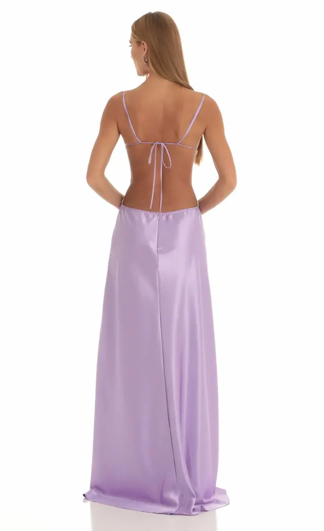 Satin Rhinestone Maxi Dress in Purple