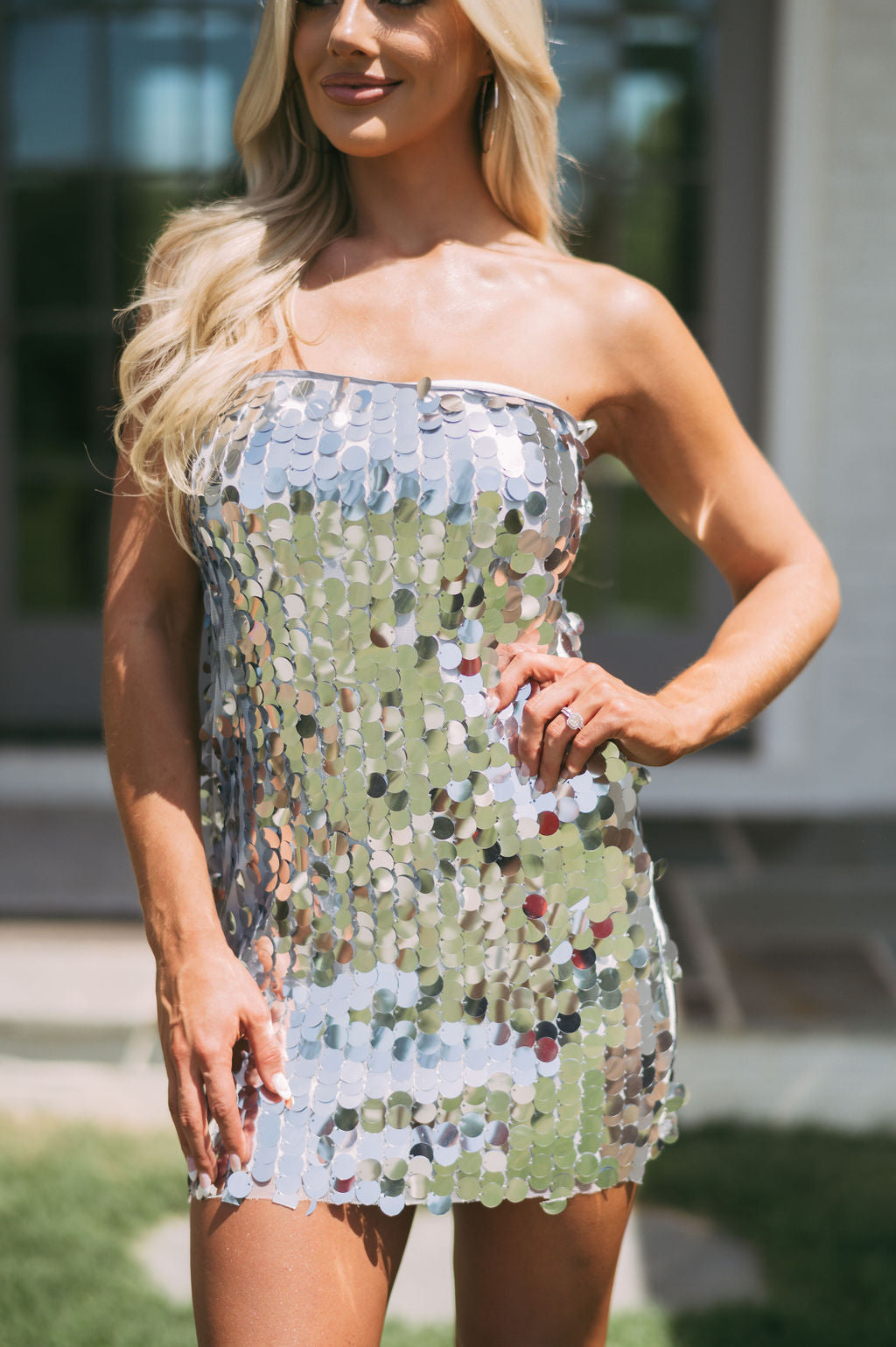 Strapless Disc Dress-Silver