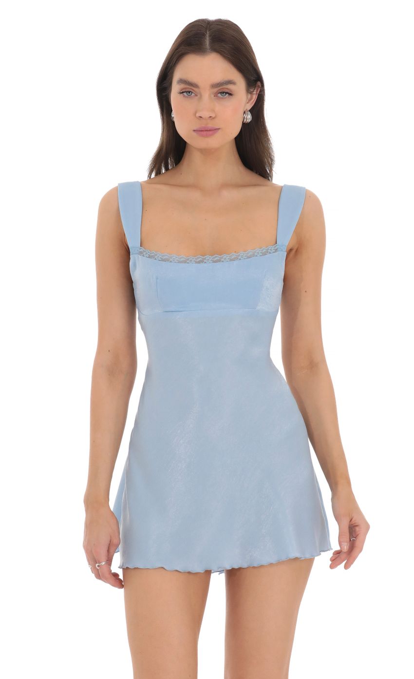 Satin Lace Trim Open Back Dress in Blue