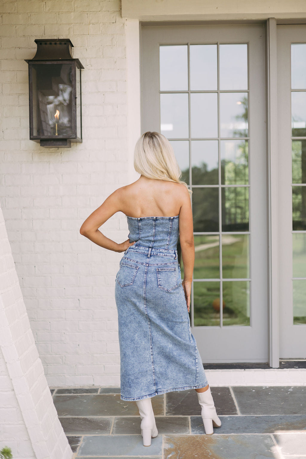 Strapless Denim Midi Dress
