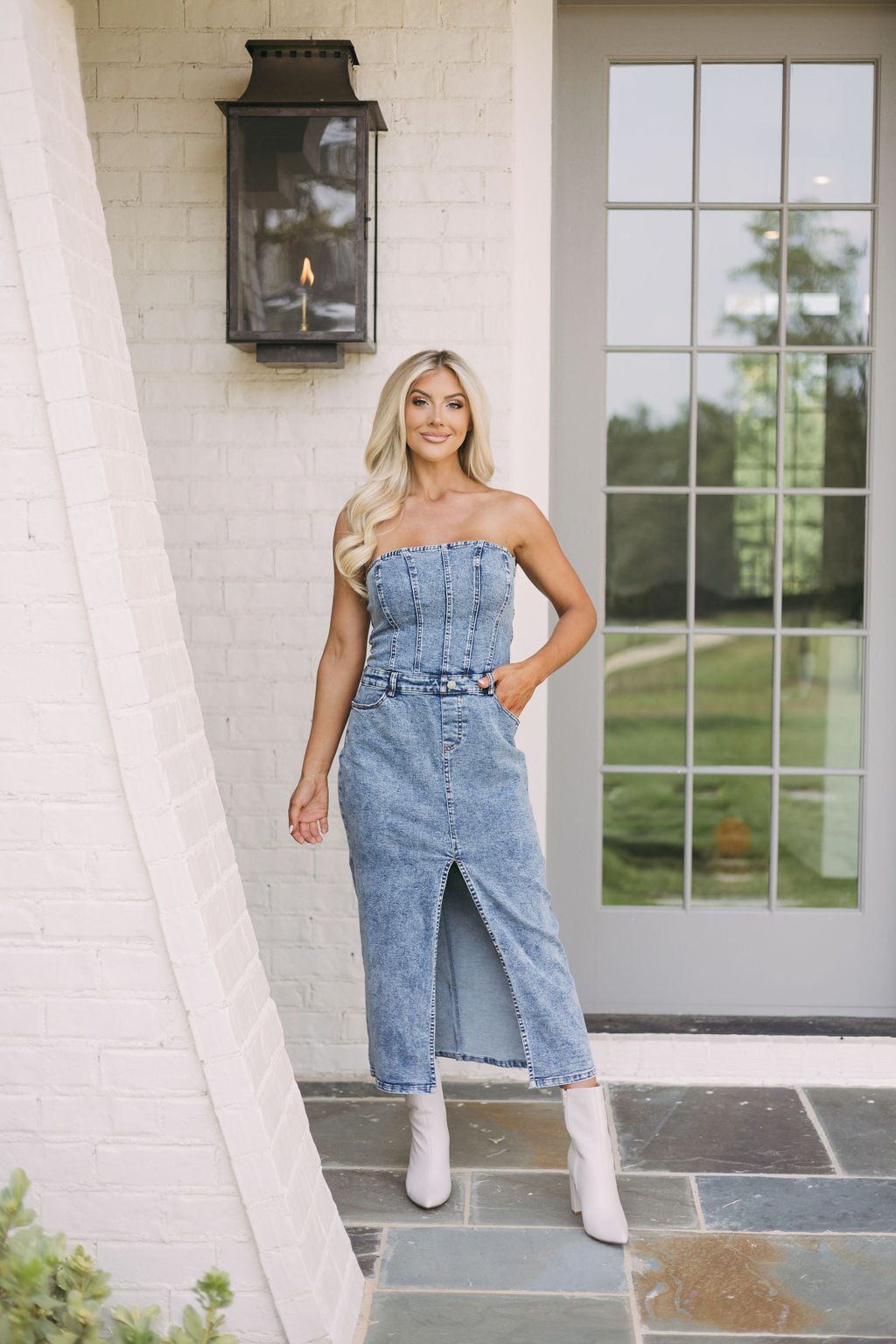 Strapless Denim Midi Dress