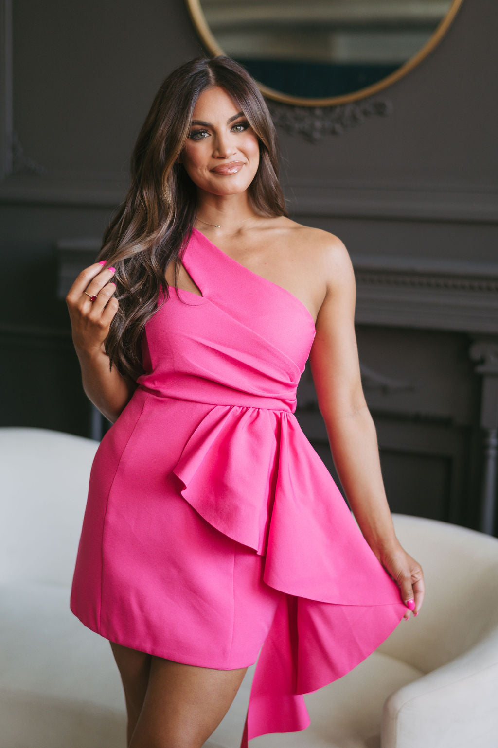 Ruffle Draped Mini Dress-Hot Pink