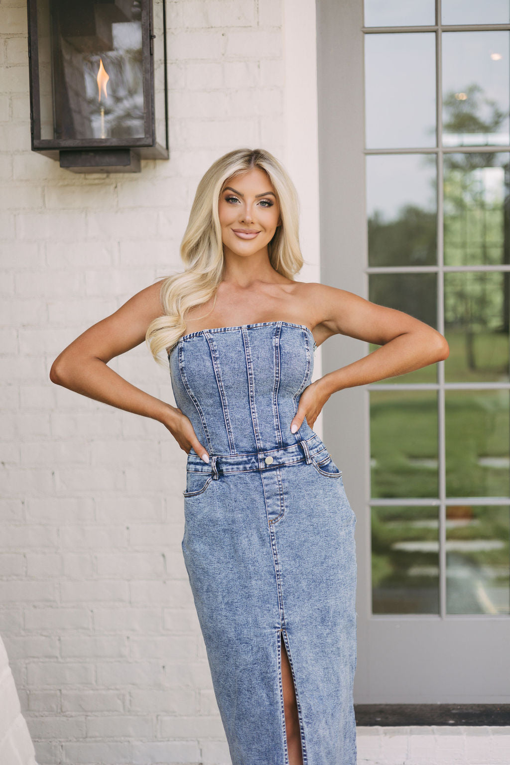 Strapless Denim Midi Dress