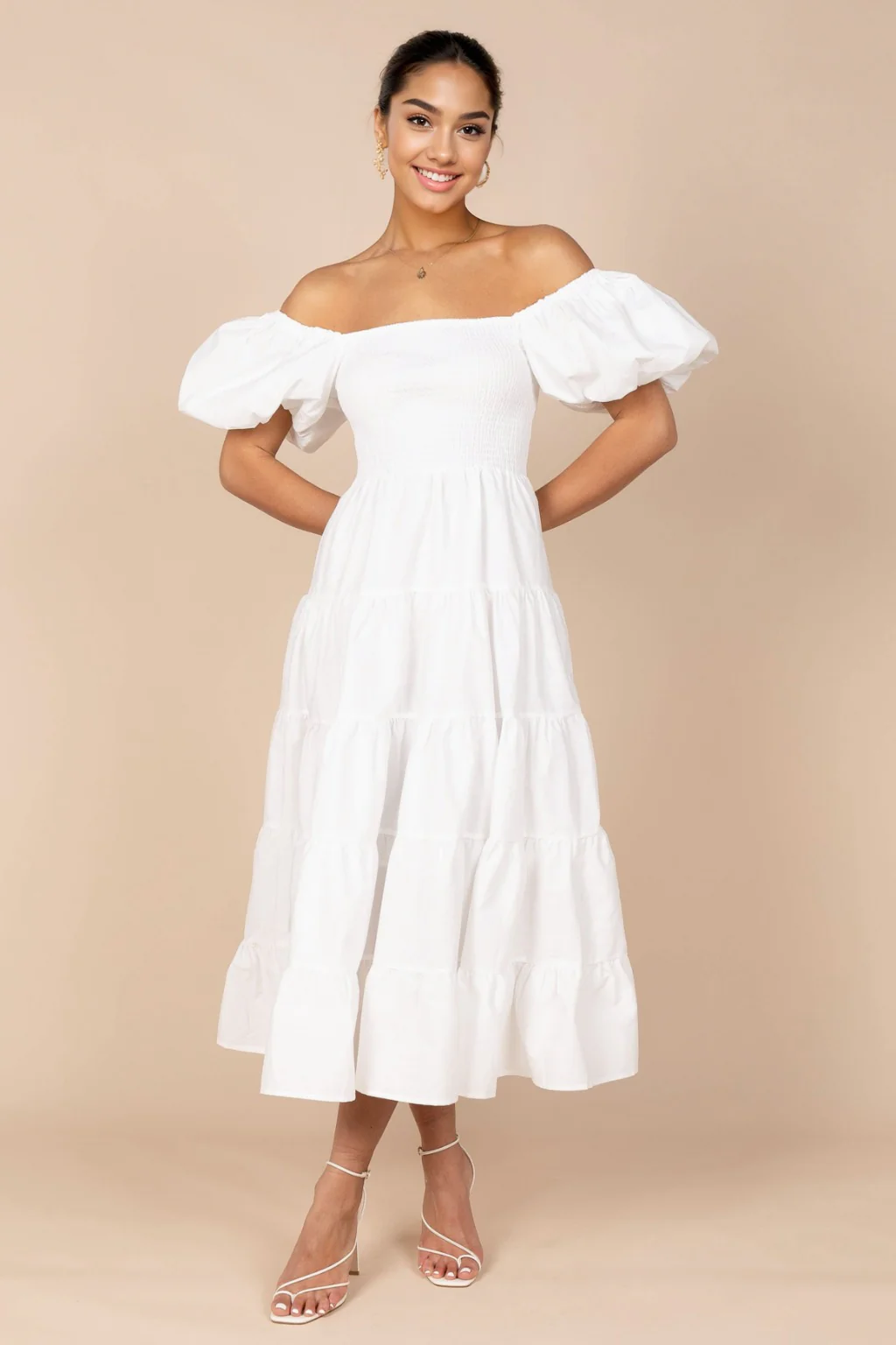 Annette Puff Sleeve Shirred Midi Dress - White