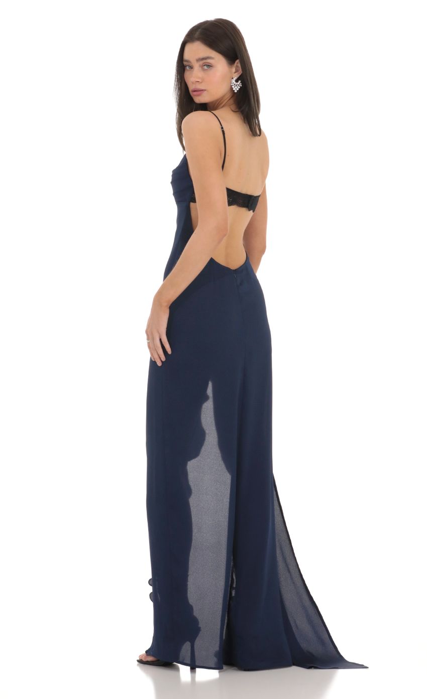 Cowl Neck Satin Open Back Maxi Dress in Navy