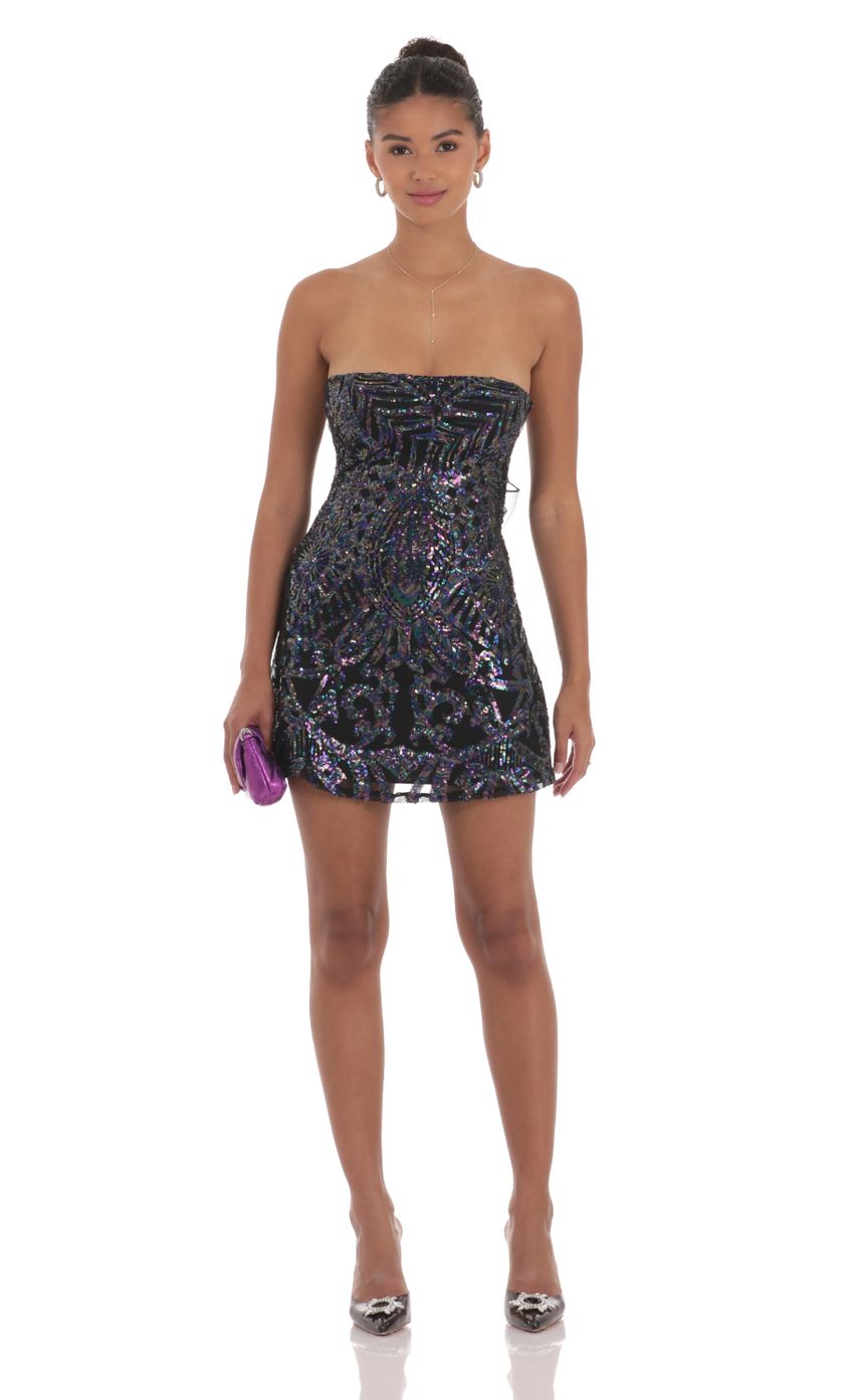 Sequin Mesh Strapless Dress in Black