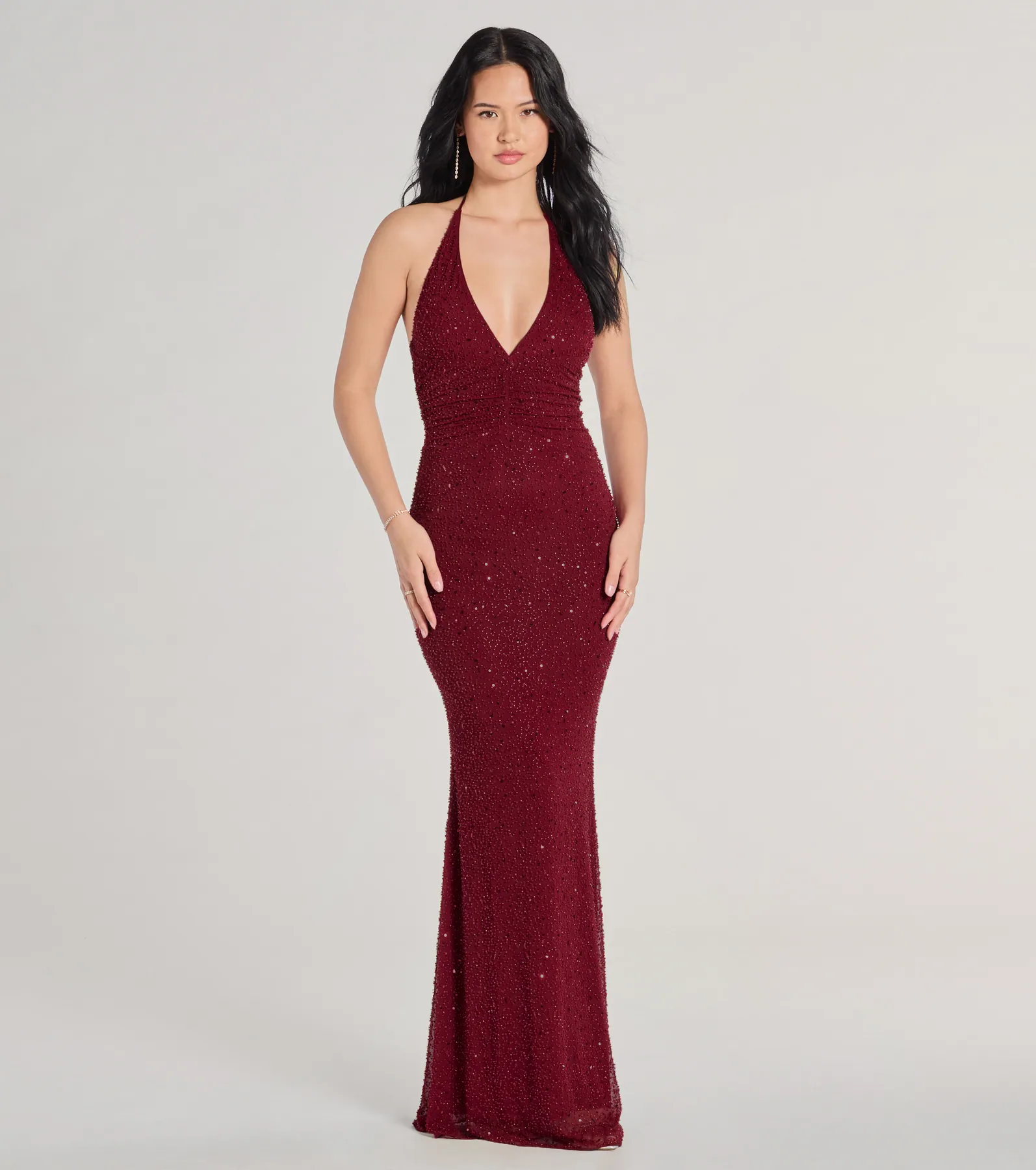 Blake V-Neck Halter Beaded Slim Formal Dress