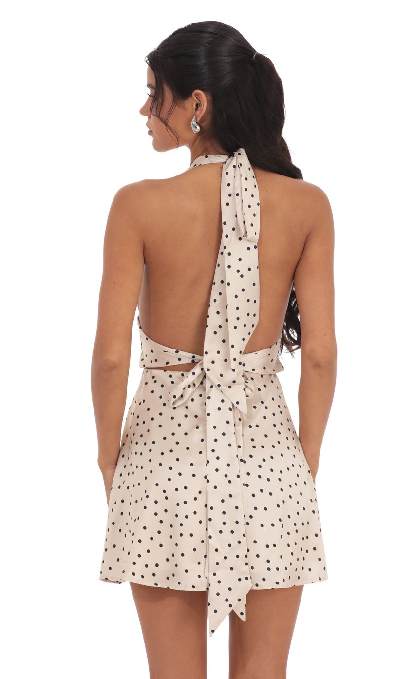 Satin Polka Dot Halter Dress in Beige