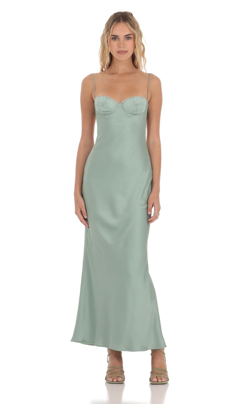Satin Sweetheart Neck Maxi Dress in Sage Green