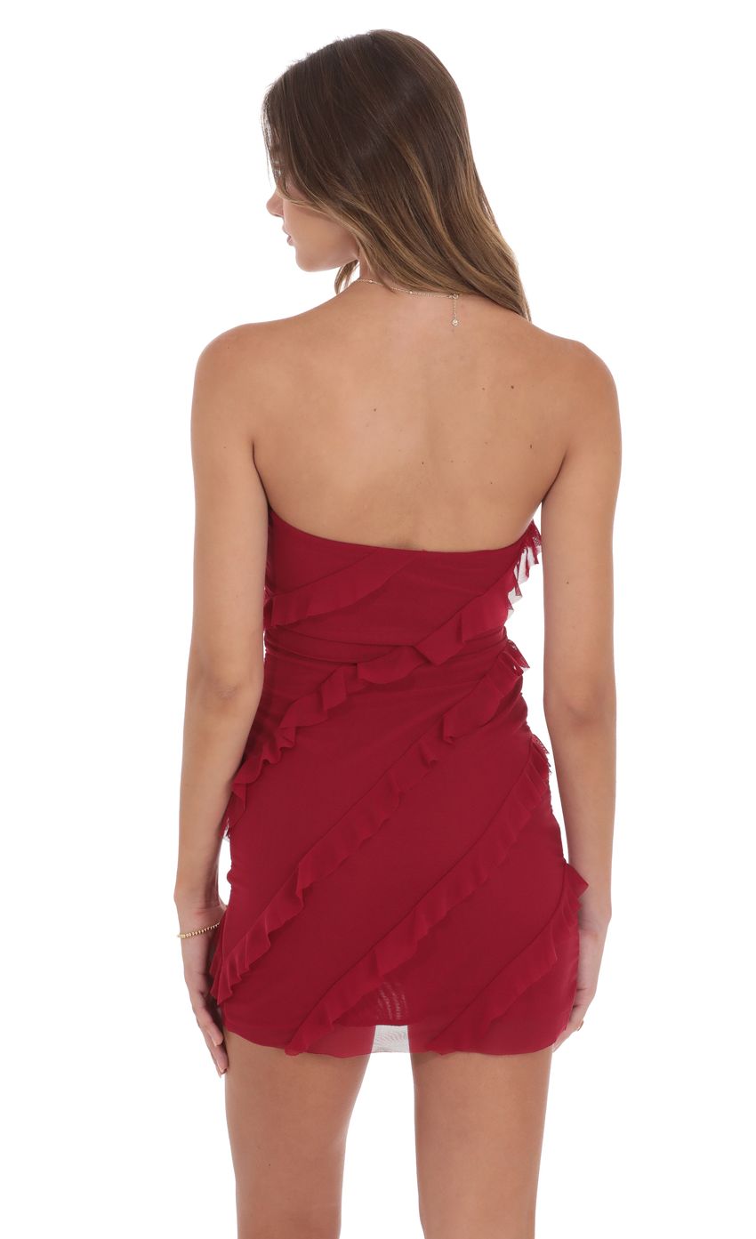 Mesh Strapless Ruffle Dress in Red