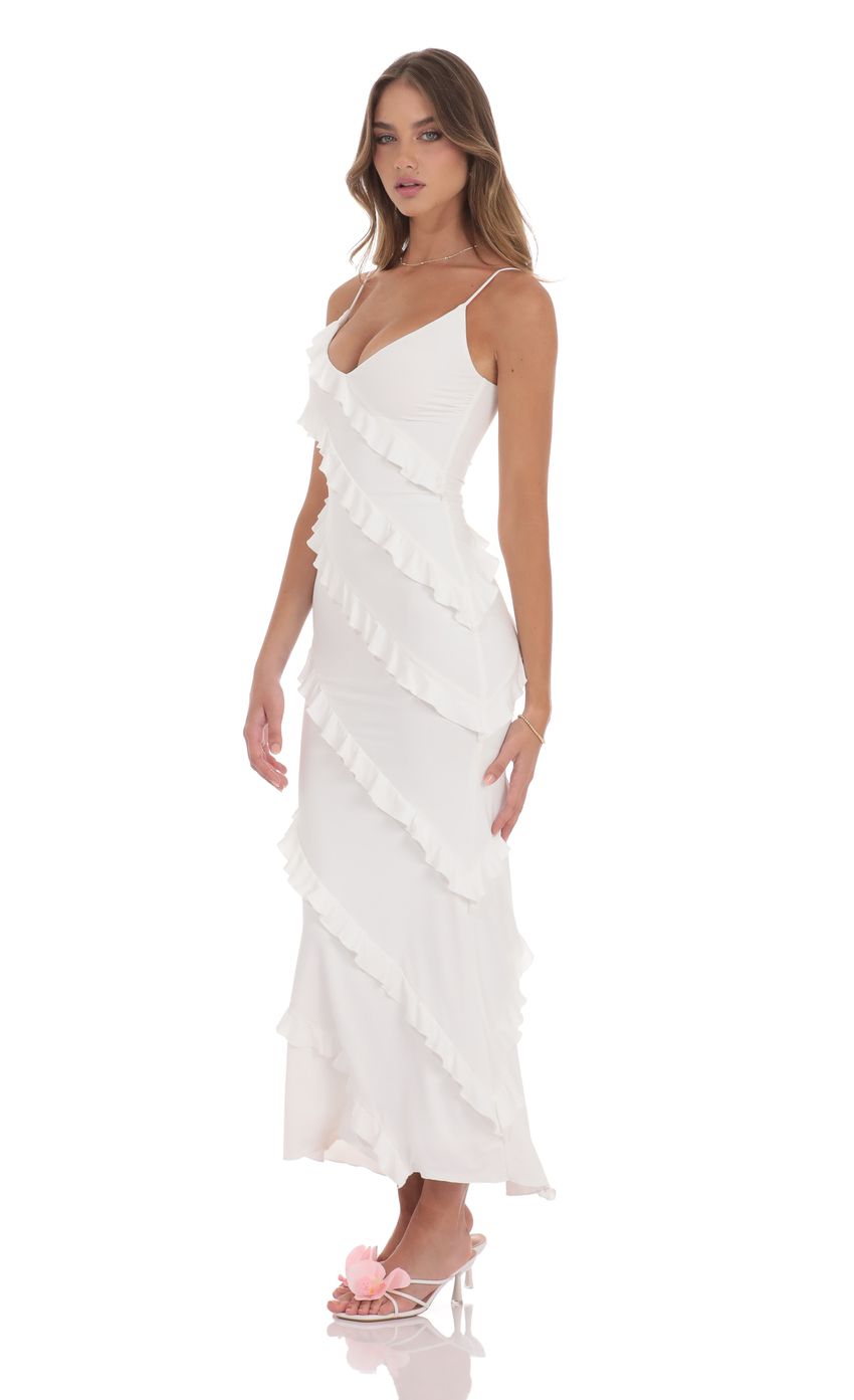 Ruffle V-Neck Maxi Dress in White