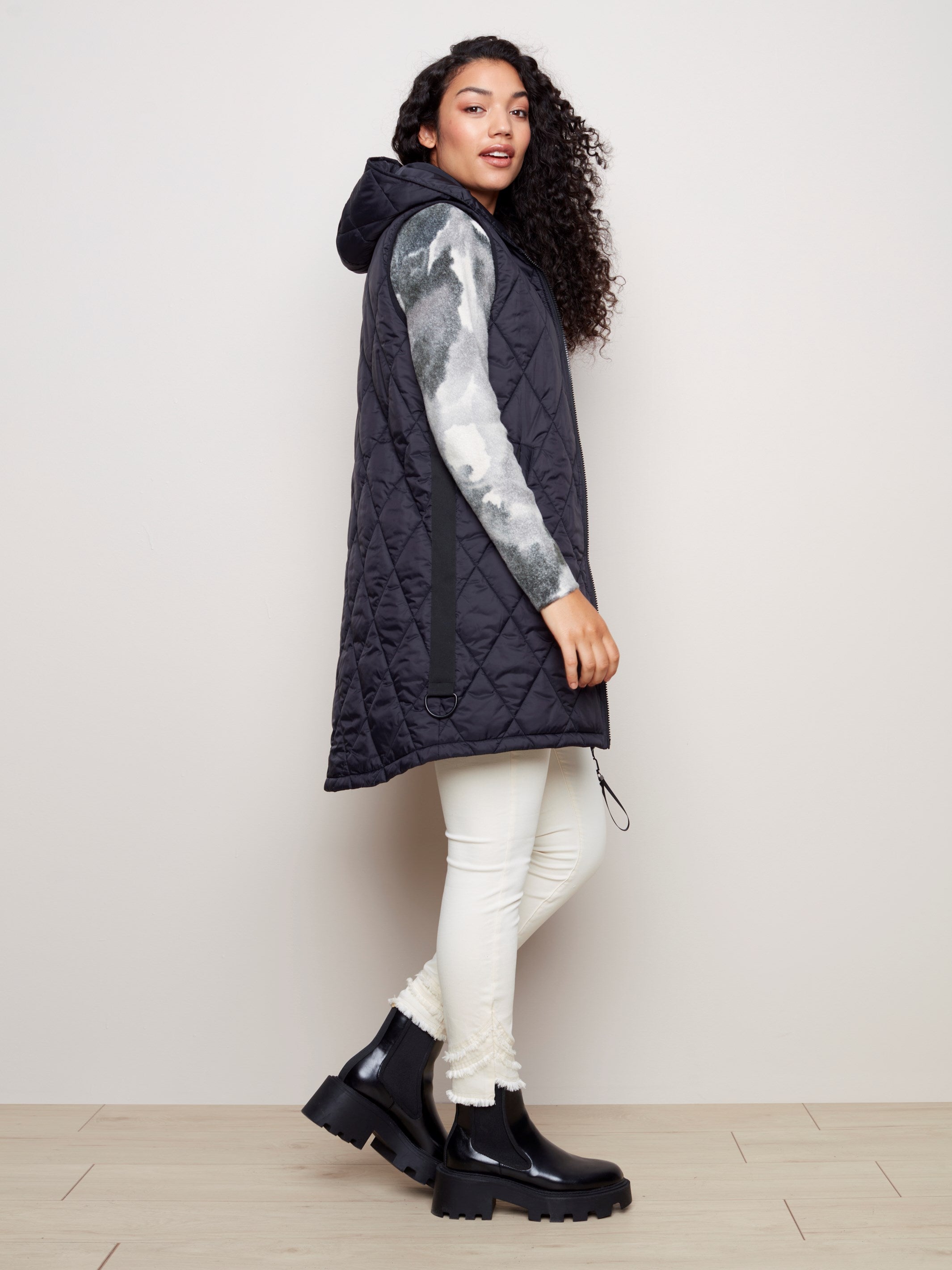 Long Puffer Vest with Hood - Black