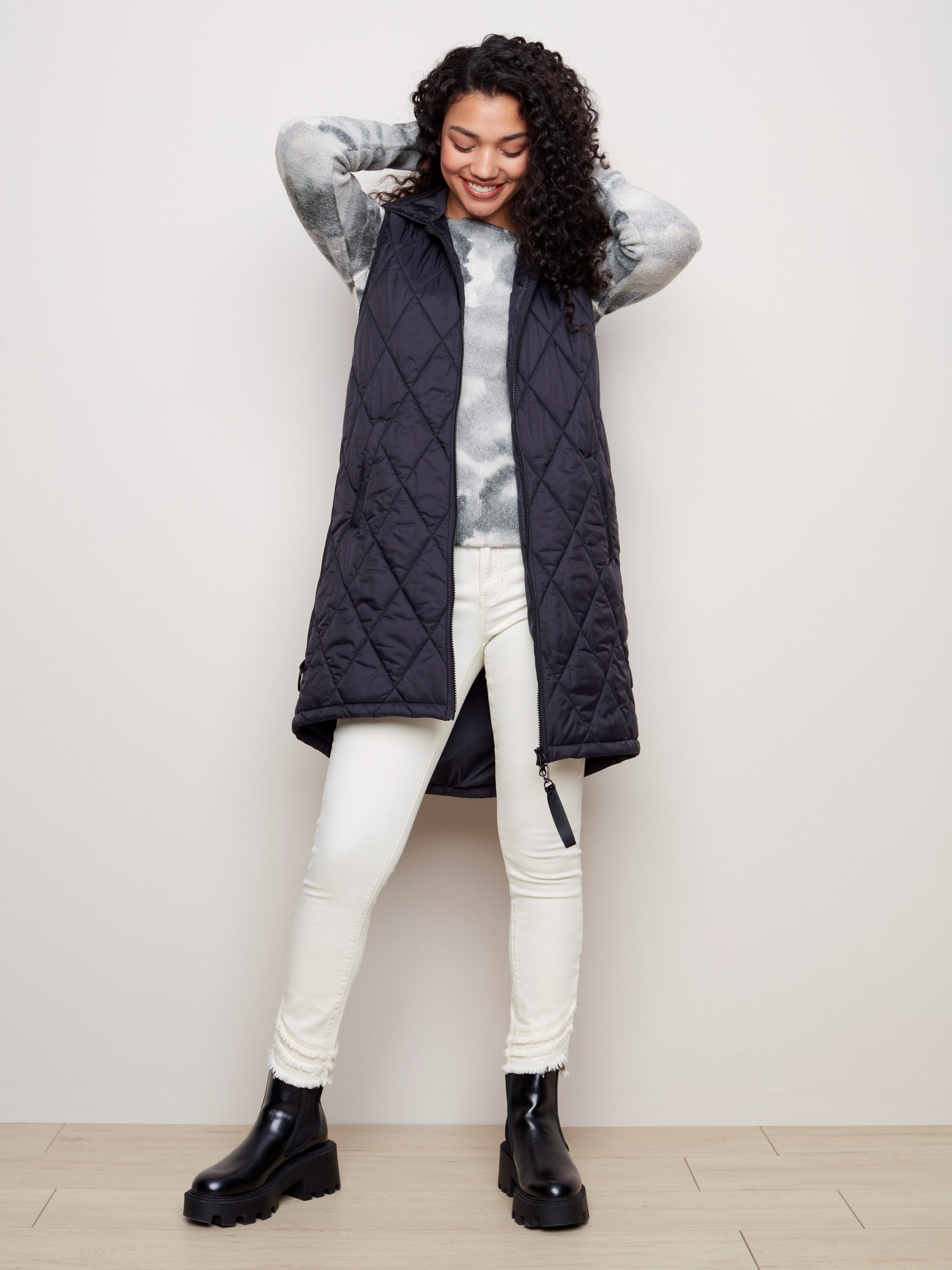 Long Puffer Vest with Hood - Black
