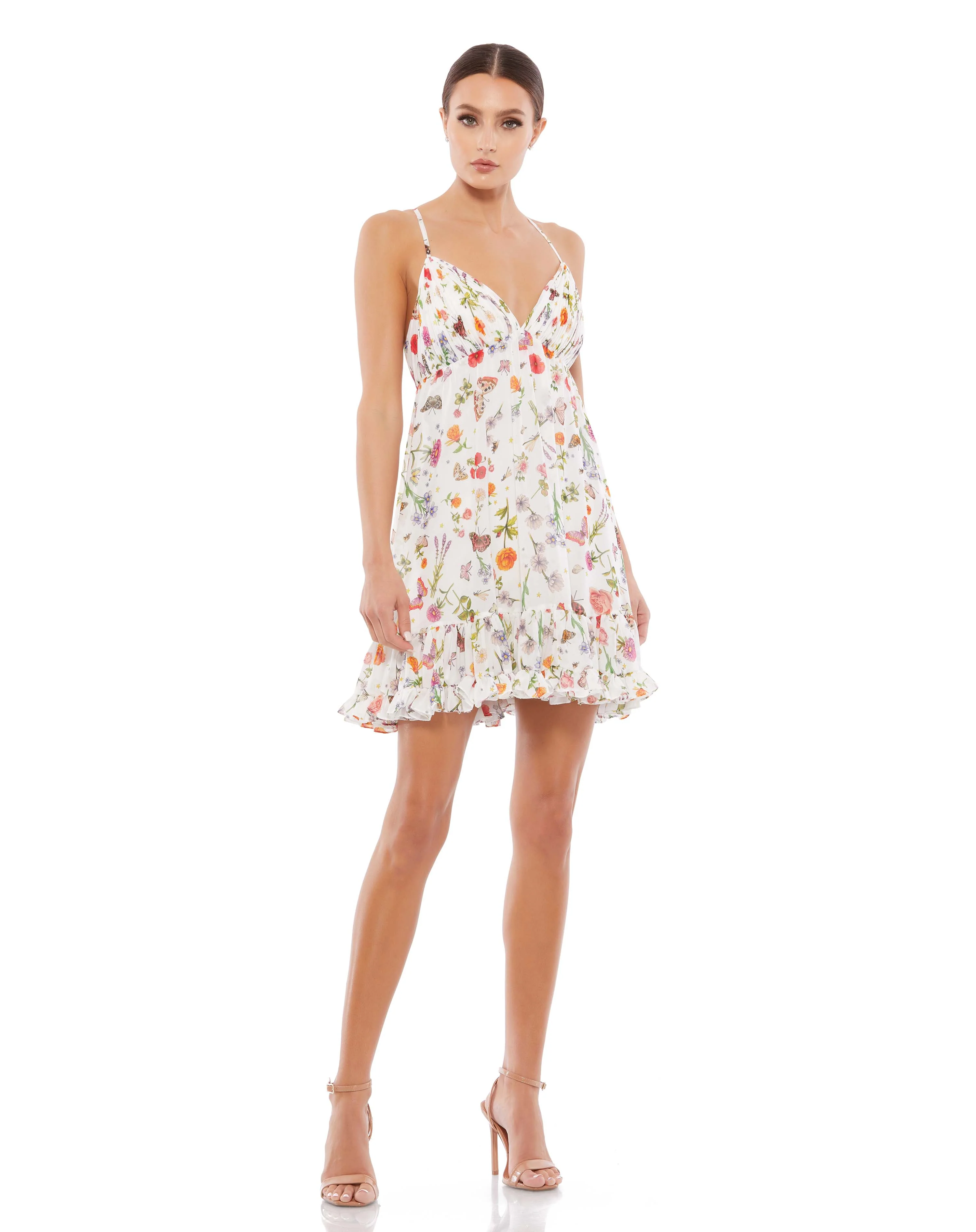 Butterfly Print Ruffle Hem Mini Dress