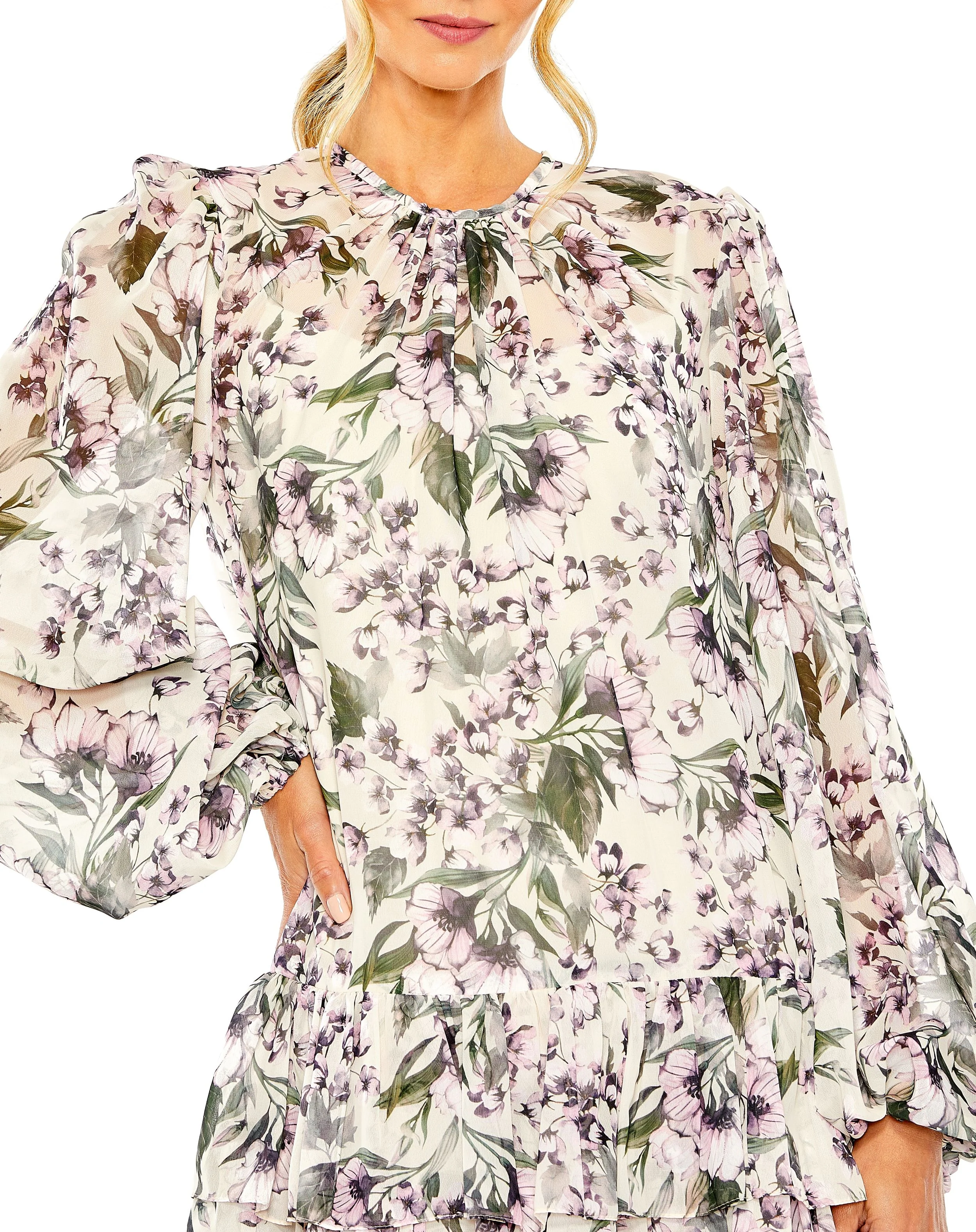 Floral Print High Neck Ruffle Hem Cape Mini Dress