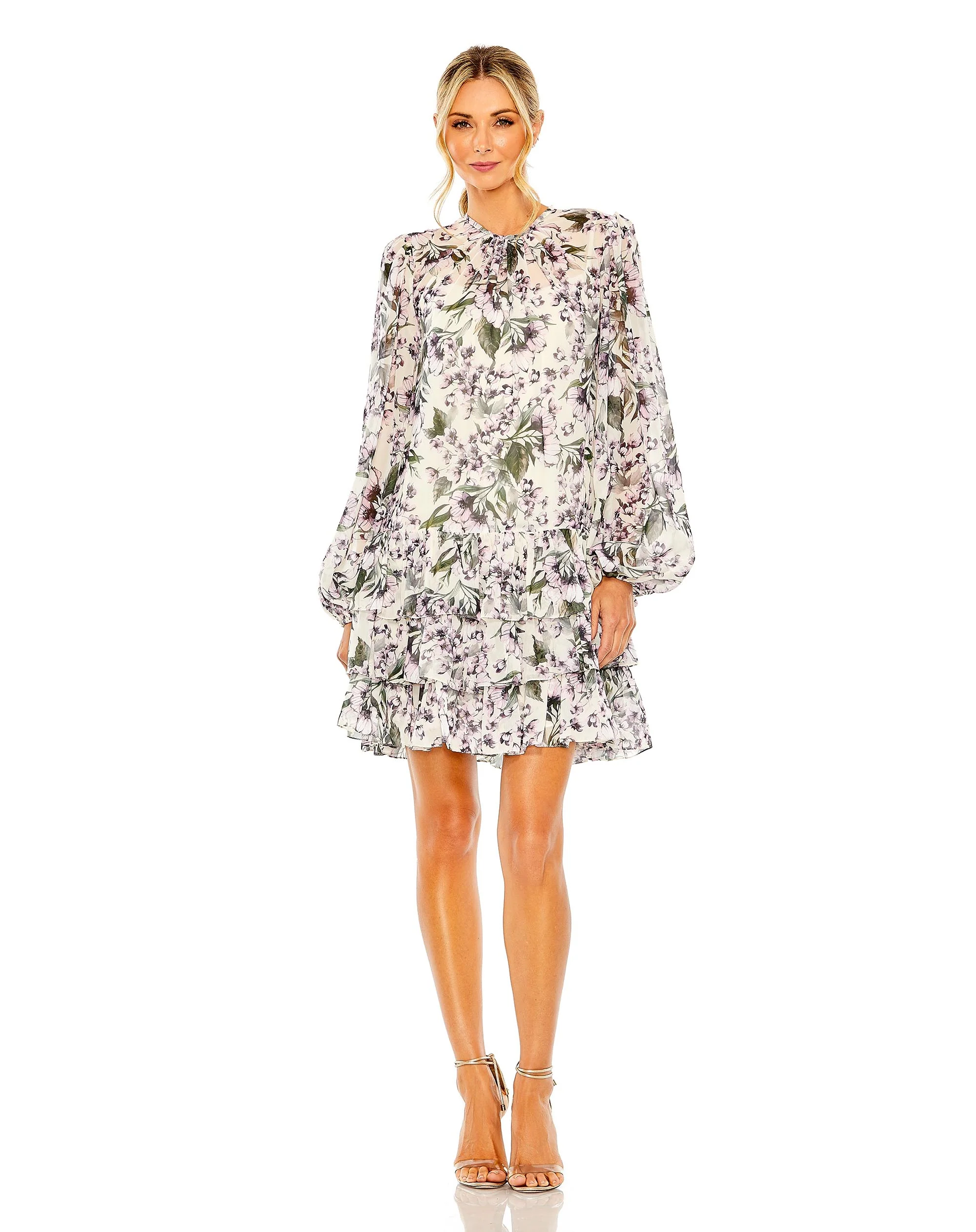 Floral Print High Neck Ruffle Hem Cape Mini Dress