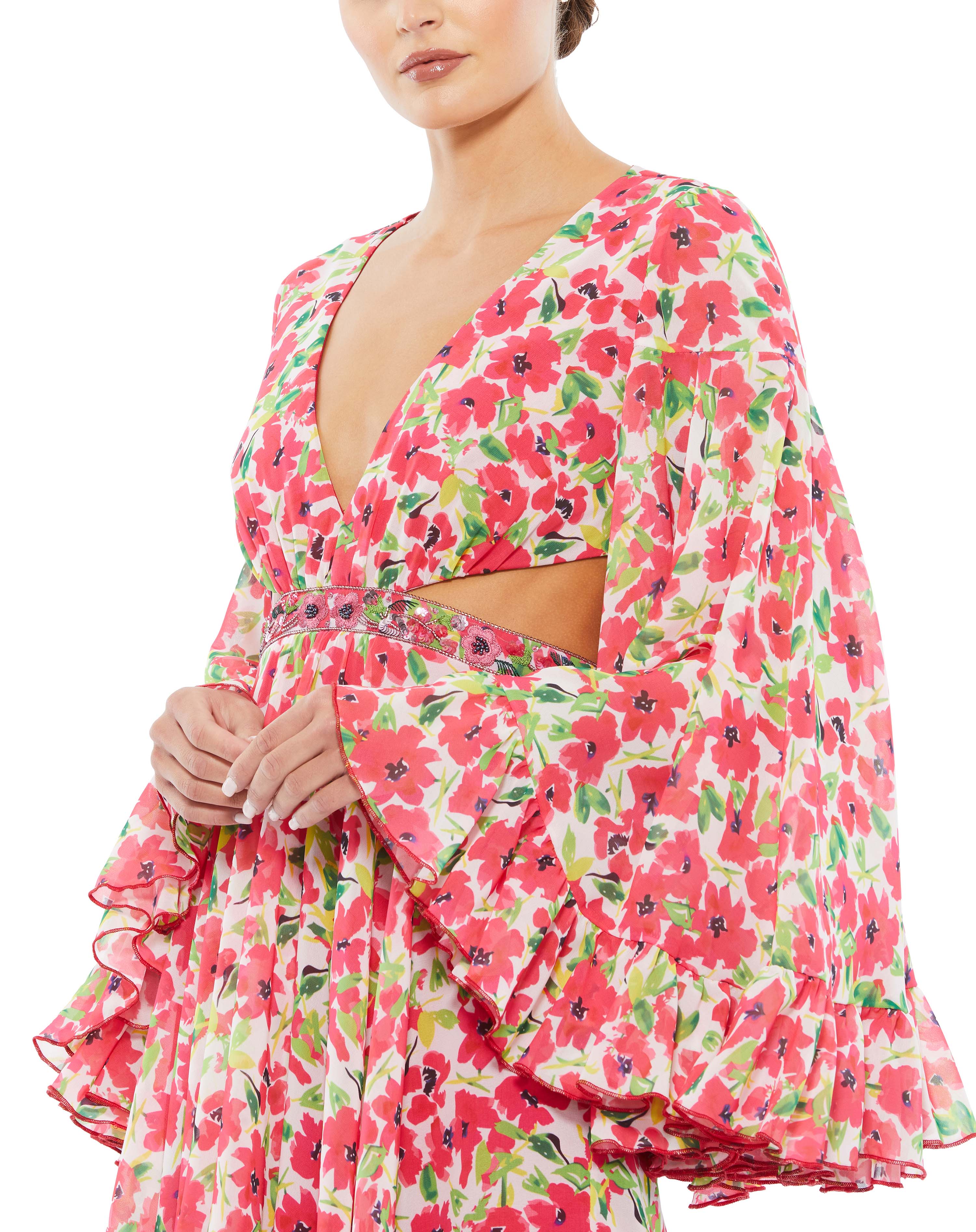 Floral Cut Out V Neck Bell Sleeve Mini Dress