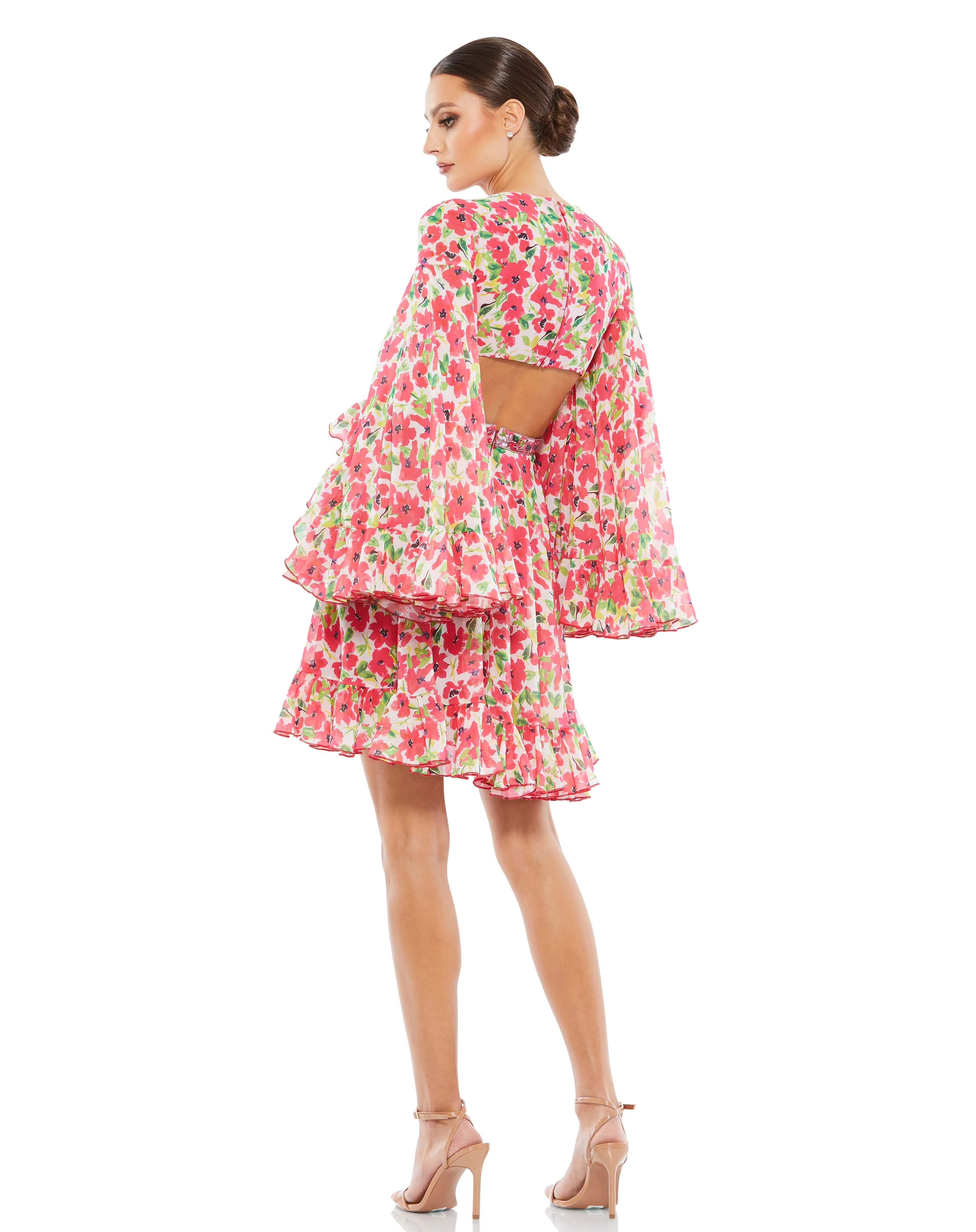 Floral Cut Out V Neck Bell Sleeve Mini Dress