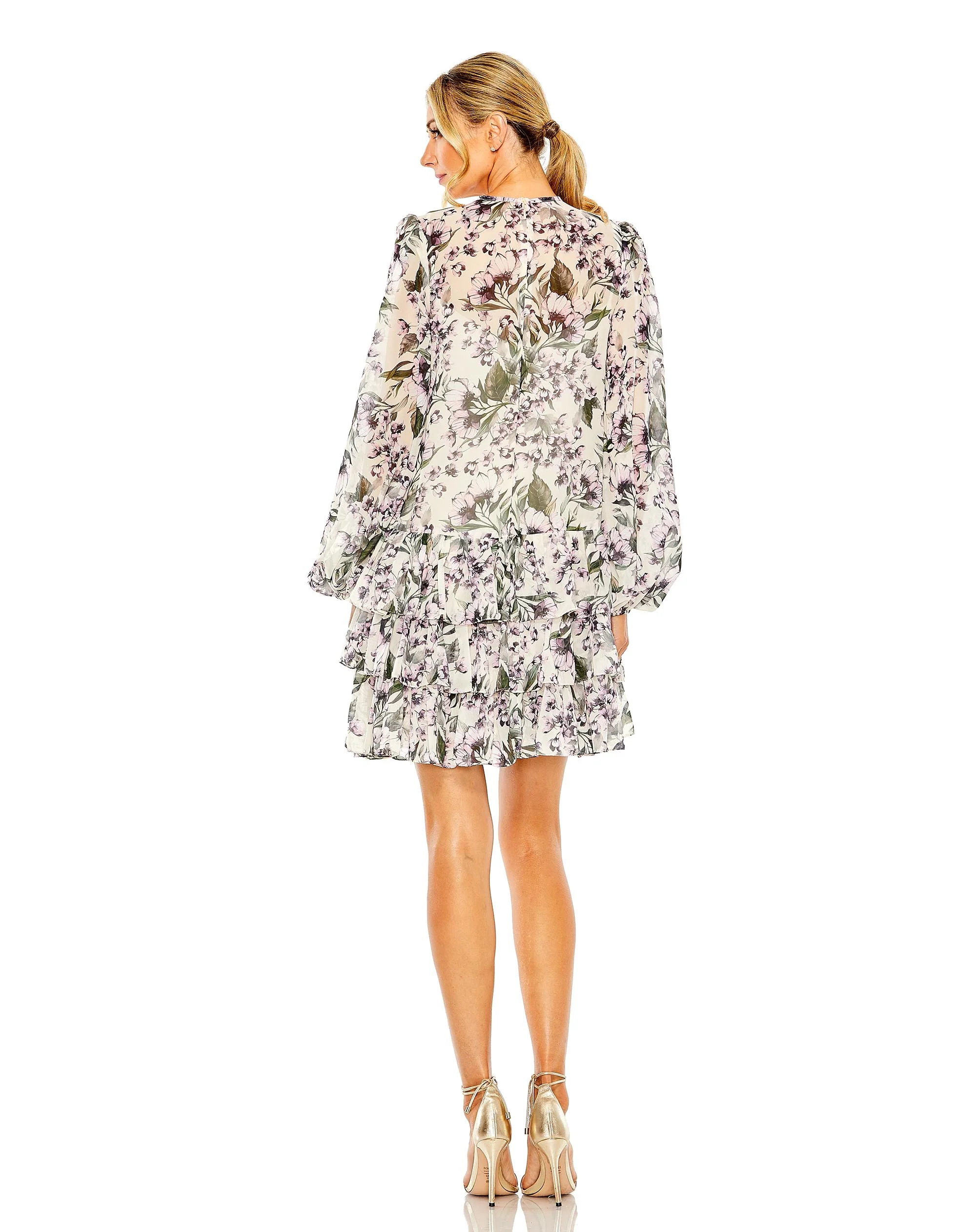 Floral Print High Neck Ruffle Hem Cape Mini Dress