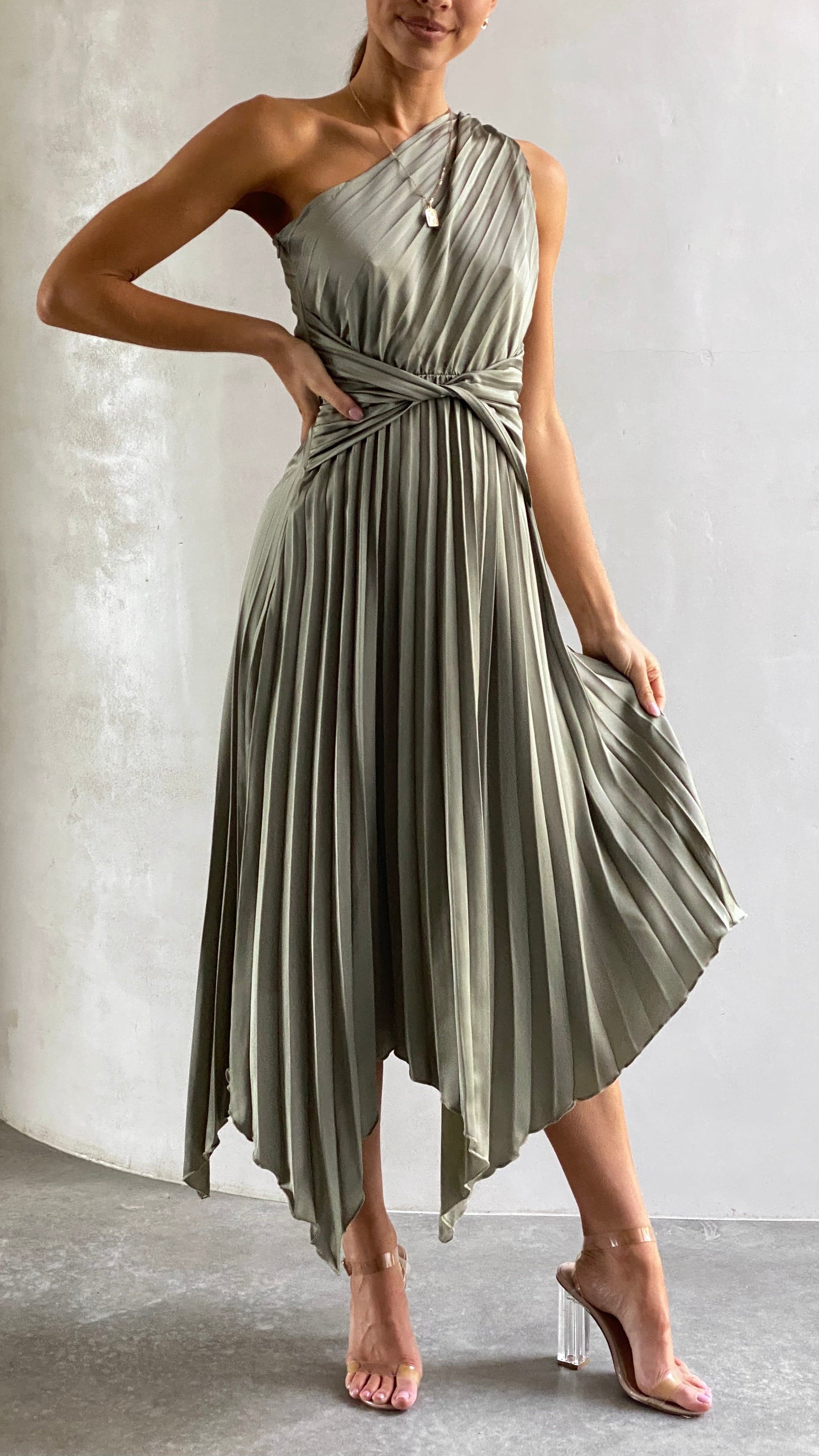 Kikodress - Cali One Shoulder Midi Dress - Olive